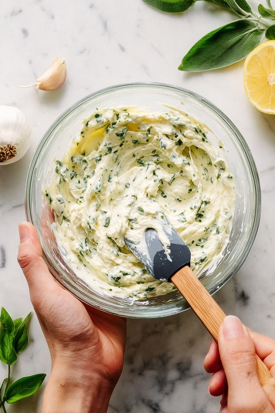 A clear glass bowl filled with a creamy white mixture that has small green herb pieces evenly spread throughout. A woman's hand holds the bowl from the left side while another woman's hand uses a spatula with a wooden handle and a black silicone blade to mix the creamy herb spread inside. The bowl sits on a white marbled surface with green leaves and a whole garlic clove to the top left and a halved lemon to the right. Photo taken with an iphone --ar 2:3 --v 7 - Herb Compound Butter, herb butter, flavored butter, homemade herb butter, versatile herb butter