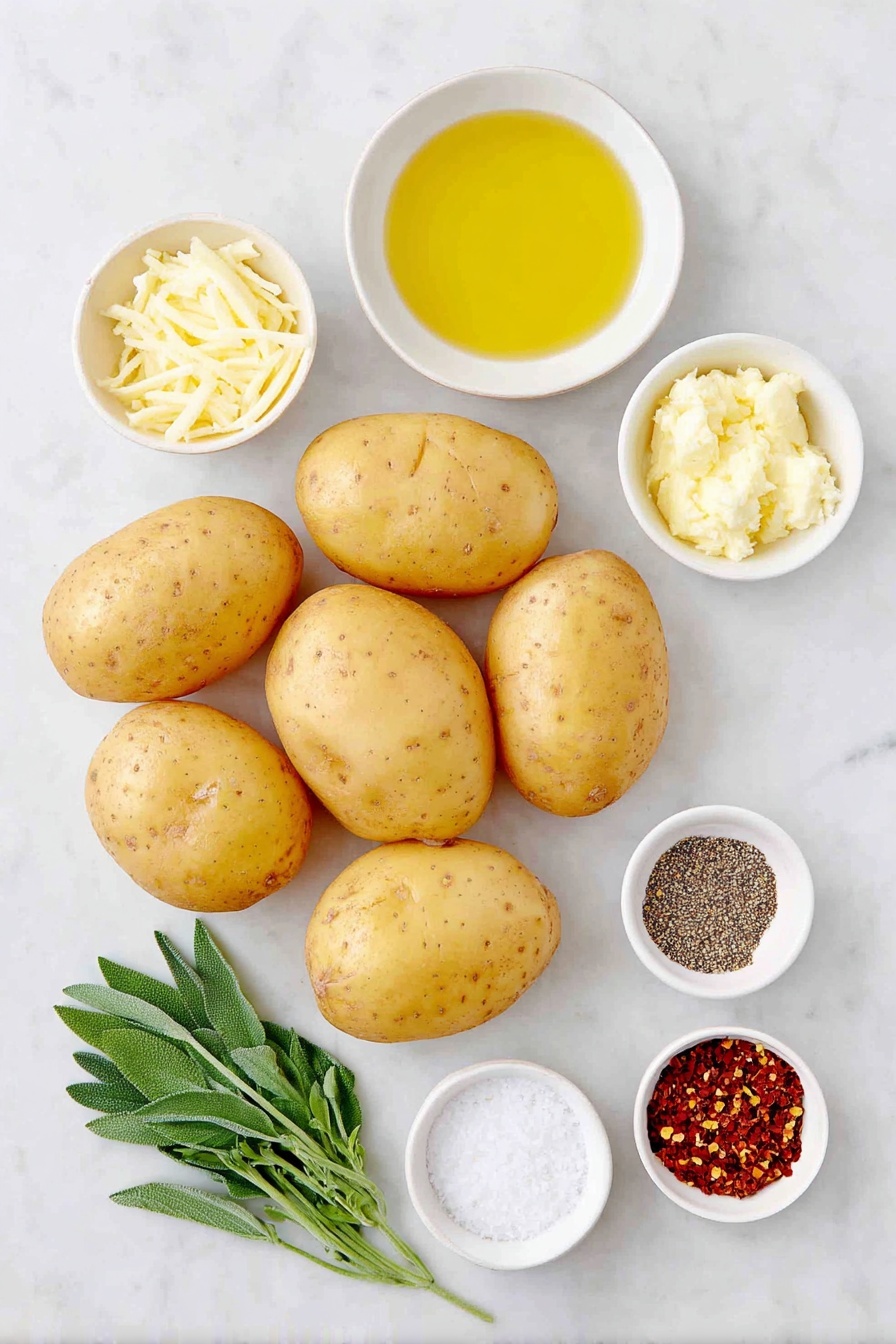 Flat lay of six medium Yukon Gold potatoes with smooth yellow skin, a small white bowl of extra-virgin olive oil glistening golden, a few fresh sage leaves with velvety green texture, a small white bowl of melted garlic butter gleaming softly, a small white bowl of coarse sea salt crystals, a small white bowl of freshly ground black pepper specks, a small bunch of bright fresh parsley sprigs, and a small white bowl containing vibrant red pepper flakes, all arranged with perfect symmetry on a clean white marble surface, soft natural light, photo taken with an iPhone, professional food photography style, fresh ingredients, white ceramic bowls, no bottles, no duplicates, no utensils, no packaging --ar 2:3 --v 7 --p awthu7i m7354615311229779997 - Cheesy Hasselback Potatoes with Garlic Butter, Hasselback Potato Side Dish, Garlic Butter Potatoes, Crispy Hasselback Potatoes, Easy Potato Recipes