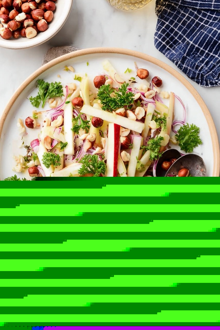 The image shows a white plate filled with a fresh salad consisting of thin, pale yellow sticks of apple with red skin edges, thin slices of purple-red onion bent softly, and scattered small whole brown hazelnuts along with some halved ones. Bright green parsley leaves are sprinkled on top, adding color contrast. A silver spoon and fork rest on the right side of the plate, partly on the salad. The plate is set on a white marbled surface. photo taken with an iphone --ar 2:3 --v 7 - Kohlrabi Slaw with Apples and Hazelnuts, healthy kohlrabi slaw, crunchy apple slaw, easy vegetable side dish, fall party salads