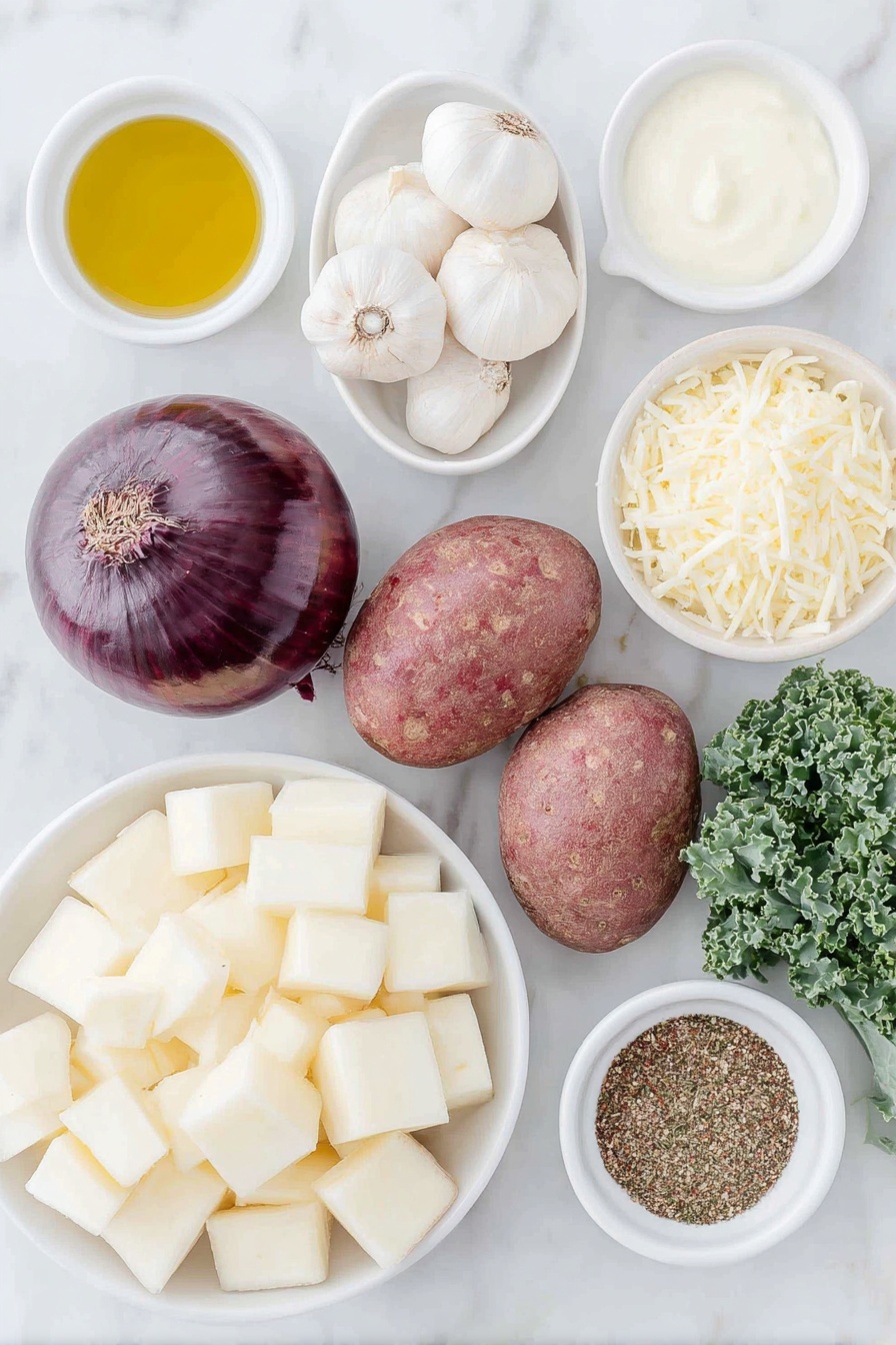 Flat lay of peeled russet potatoes cut into cubes arranged neatly next to a halved red onion with deep purple skin and white interior, six peeled garlic cloves clustered beside fresh chopped kale leaves, a small mound of freshly grated sharp cheddar cheese, a small white ceramic bowl of extra virgin olive oil, a small white bowl containing unsalted butter, a small white bowl filled with creamy heavy cream, a small white bowl holding clear white cooking wine, and a small white bowl with a fragrant all-purpose spice blend of dried herbs and paprika, all ingredients fresh and natural, perfectly balanced and symmetrical, placed on a clean white marble surface, soft natural light, photo taken with an iPhone, professional food photography style, fresh ingredients, white ceramic bowls, no bottles, no duplicates, no utensils, no packaging --ar 2:3 --v 7 --p m7354615311229779997 - Cheddar Garlic Herb Potato Soup, potato soup with cheddar and herbs, creamy potato soup recipe, easy comfort food soup, savory garlic herb potato soup