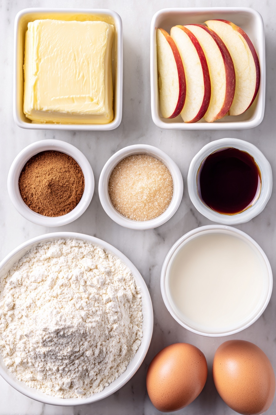 Flat lay of a small white ceramic bowl of unsalted butter, a small white bowl filled with light brown sugar, a small white bowl with ground cinnamon powder, a small white bowl with clear vanilla extract, two peeled and thinly sliced medium apples arranged neatly, a small white bowl of all-purpose flour, a small white bowl of baking powder, a small white bowl of ground nutmeg, a small white bowl of salt, a small white bowl filled with granulated sugar, two whole uncracked large brown eggs, a small white bowl containing whole milk, placed on a clean white marble surface, soft natural light, photo taken with an iPhone, professional food photography style, fresh ingredients, white ceramic bowls, no bottles, no duplicates, no utensils, no packaging --ar 2:3 --v 7 --p m7354615311229779997 - Caramel Apple Upside Down Cake, fall dessert recipes, easy apple cake, caramel apple dessert, cozy autumn cake
