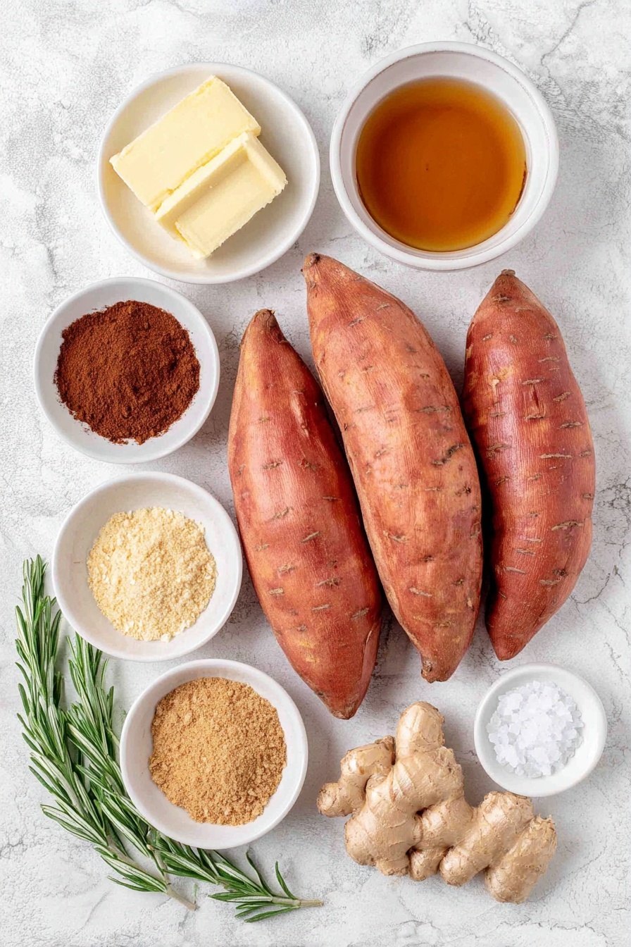 Flat lay of fresh whole medium sweet potatoes with vibrant orange skin, a few small sticks of unsalted yellow butter, a small white ceramic bowl filled with light amber pure maple syrup, another white ceramic bowl holding packed dark brown sugar, a white bowl containing warm brown ground cinnamon, a white bowl with fine light brown ground nutmeg, a white bowl with pale beige ground ginger, a small white bowl with clear pure vanilla extract, a few fresh bright orange zest strips artfully arranged, a small pile of coarse flaky sea salt crystals, and a few sprigs of fresh green rosemary, all placed symmetrically on a clean white marble surface, soft natural light, photo taken with an iPhone, professional food photography style, fresh ingredients, white ceramic bowls, no bottles, no duplicates, no utensils, no packaging --ar 2:3 --v 7 --p m7354615311229779997 - Candied Sweet Potatoes with Maple and Spices, sweet potato side dish with maple and spices, cozy holiday sweet potatoes, baked candied sweet potatoes, easy sweet potato recipe