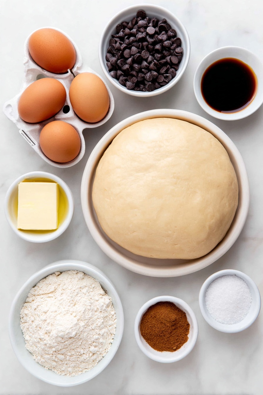Flat lay of a smooth round disc of pale homemade pie dough, a small white ceramic bowl filled with glossy dark chocolate chips, a handful of whole shelled pecans with rich brown tones, three whole uncracked brown eggs, a small white ceramic bowl holding dark amber corn syrup, a small white ceramic bowl of packed dark brown sugar, a small white ceramic bowl with melted golden butter, a white ceramic bowl containing pale vanilla extract, a small white ceramic bowl of fine sea salt, and a small white ceramic bowl of warm brown ground cinnamon, all arranged in perfect symmetry and balanced proportions on a clean white marble surface, soft natural light, photo taken with an iPhone, professional food photography style, fresh ingredients, white ceramic bowls, no bottles, no duplicates, no utensils, no packaging --ar 2:3 --v 7 --p m7354615311229779997 - Dark Chocolate Pecan Pie, pecan pie with dark chocolate, decadent chocolate pecan dessert, easy chocolate pecan pie recipe, rich pecan pie