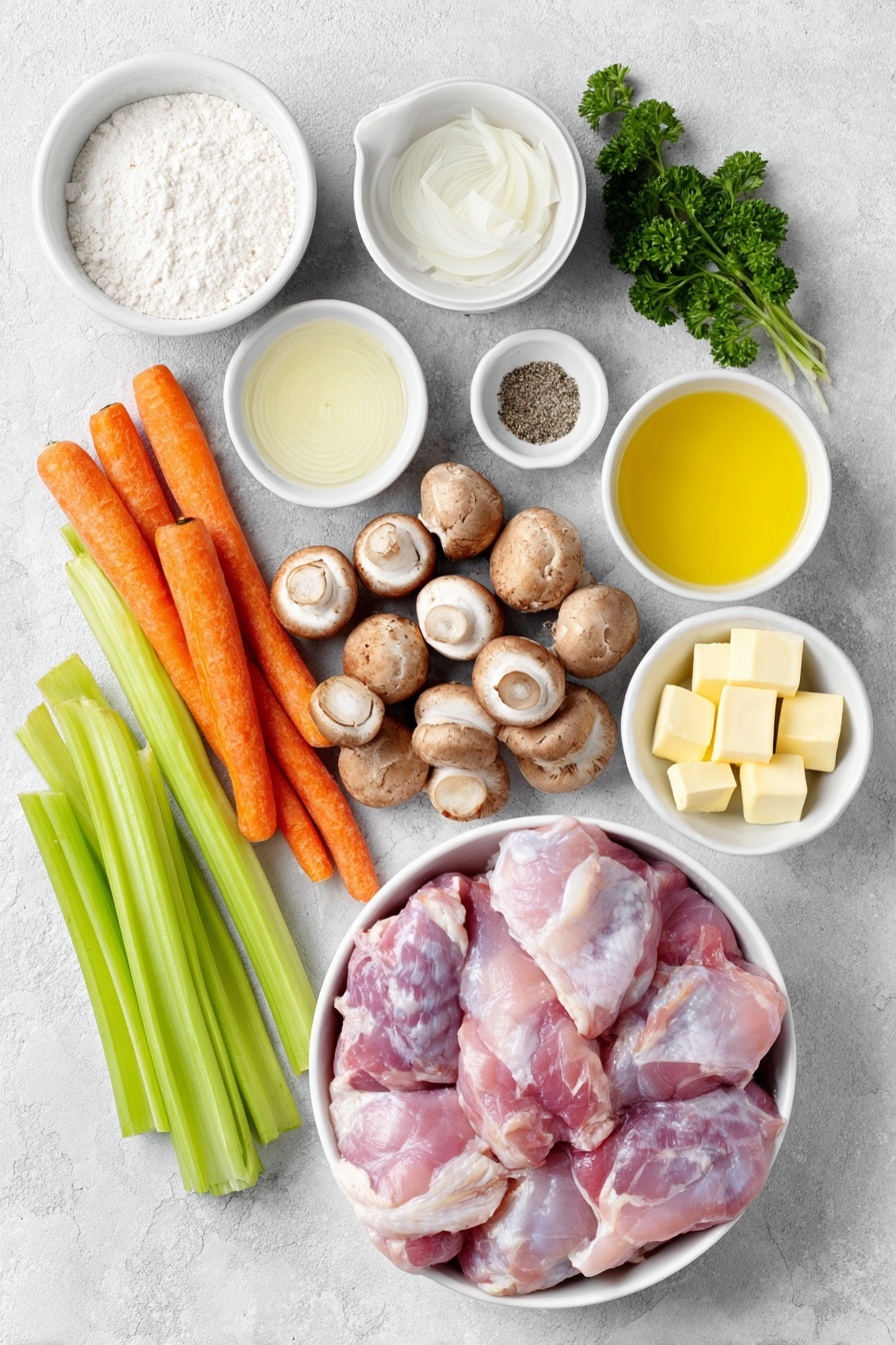Flat lay of fresh boneless chicken thighs arranged neatly, two brown onions peeled and diced in a crisp white ceramic bowl, three whole garlic cloves with clean uncracked skins, a small white ceramic bowl filled with plain all-purpose flour, a small white bowl holding vegetable oil, another small white bowl with unsalted butter chunks, a tiny white ceramic bowl containing salt, a similar bowl with black pepper, a small bowl with dried thyme, and another with celery salt, a small white bowl with chicken stock, a small white bowl with freshly squeezed lemon juice, a cluster of 16-20 baby chestnut mushrooms, 16-20 bright orange chantenay carrots, three sticks of vibrant green celery roughly chopped, a small white bowl with double heavy cream, and a small bunch of fresh green parsley leaves placed artfully, all ingredients fresh and natural, arranged in perfect symmetry on a clean white marble surface, soft natural light, photo taken with an iPhone, professional food photography style, fresh ingredients, white ceramic bowls, no bottles, no duplicates, no utensils, no packaging --ar 2:3 --v 7 --p m7354615311229779997 - Creamy Chicken Casserole with Vegetables, creamy chicken casserole, hearty chicken and vegetable bake, comforting chicken casserole recipe, easy chicken casserole dishes