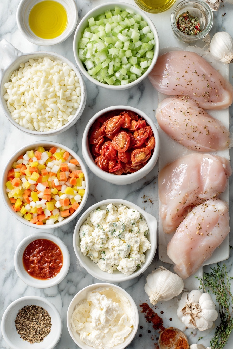 Flat lay of fresh garlic cloves, a small white ceramic bowl of chopped white onion, another bowl with chopped orange carrots, a bowl containing chopped green celery, a bowl with a colorful mix of chopped red, yellow, and green bell peppers, raw whole chicken breasts, a small white bowl filled with bright red fire roasted tomato chunks, a small white bowl of creamy heavy cream, a small white bowl with softened cream cheese, a small white bowl holding golden olive oil, a few dried Cajun seasoning leaves and vibrant red chili flakes scattered nearby, a small white bowl of bright red hot sauce, all ingredients arranged symmetrically on a clean white marble surface, soft natural light, photo taken with an iPhone, professional food photography style, fresh ingredients, white ceramic bowls, no bottles, no duplicates, no utensils, no packaging --ar 2:3 --v 7 --p m7354615311229779997 - Creamy Cajun Chicken Soup, Cajun Chicken Soup, Creamy Chicken Soup, Spicy Chicken Soup, Comforting Cajun Soup