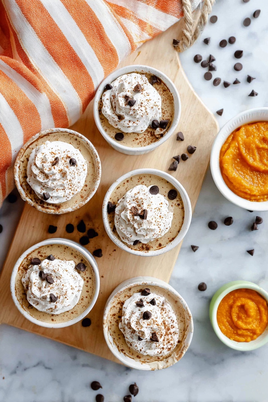 The image shows two white paper cups with a green stripe placed on a wooden board on a white marbled surface. Each cup has three visible layers: a light orange creamy base, a swirl of white whipped topping in the middle, and a dusting of brown powder sprinkled over both layers. On top of the whipped cream, there are several dark chocolate chips scattered. Around the wooden board and cups, a few chocolate chips and some powder are also visible. In the background, there is a white and orange striped cloth. Photo taken with an iphone --ar 2:3 --v 7 - Pumpkin Mousse with Whipped Cream, pumpkin mousse dessert, fall pumpkin mousse recipe, easy pumpkin mousse, airy pumpkin dessert