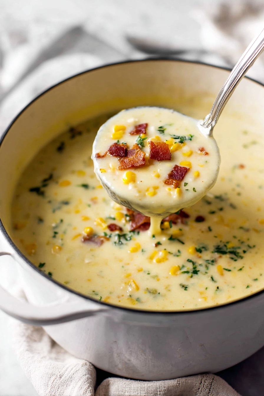 A large white pot filled with creamy corn soup is shown on a white marbled surface with a soft cloth underneath. The soup has a thick, smooth texture with a pale yellow color, dotted with small pieces of bright yellow corn, bits of green herbs, and crispy brown bacon bits scattered on top. A metal ladle is lifting a scoop of soup, clearly showing its creamy consistency and the colorful toppings. The background is softly blurred to keep the focus on the soup. photo taken with an iphone --ar 2:3 --v 7 - Creamy Potato Soup, potato soup recipes, hearty soup recipe, easy potato soup, comforting potato soup