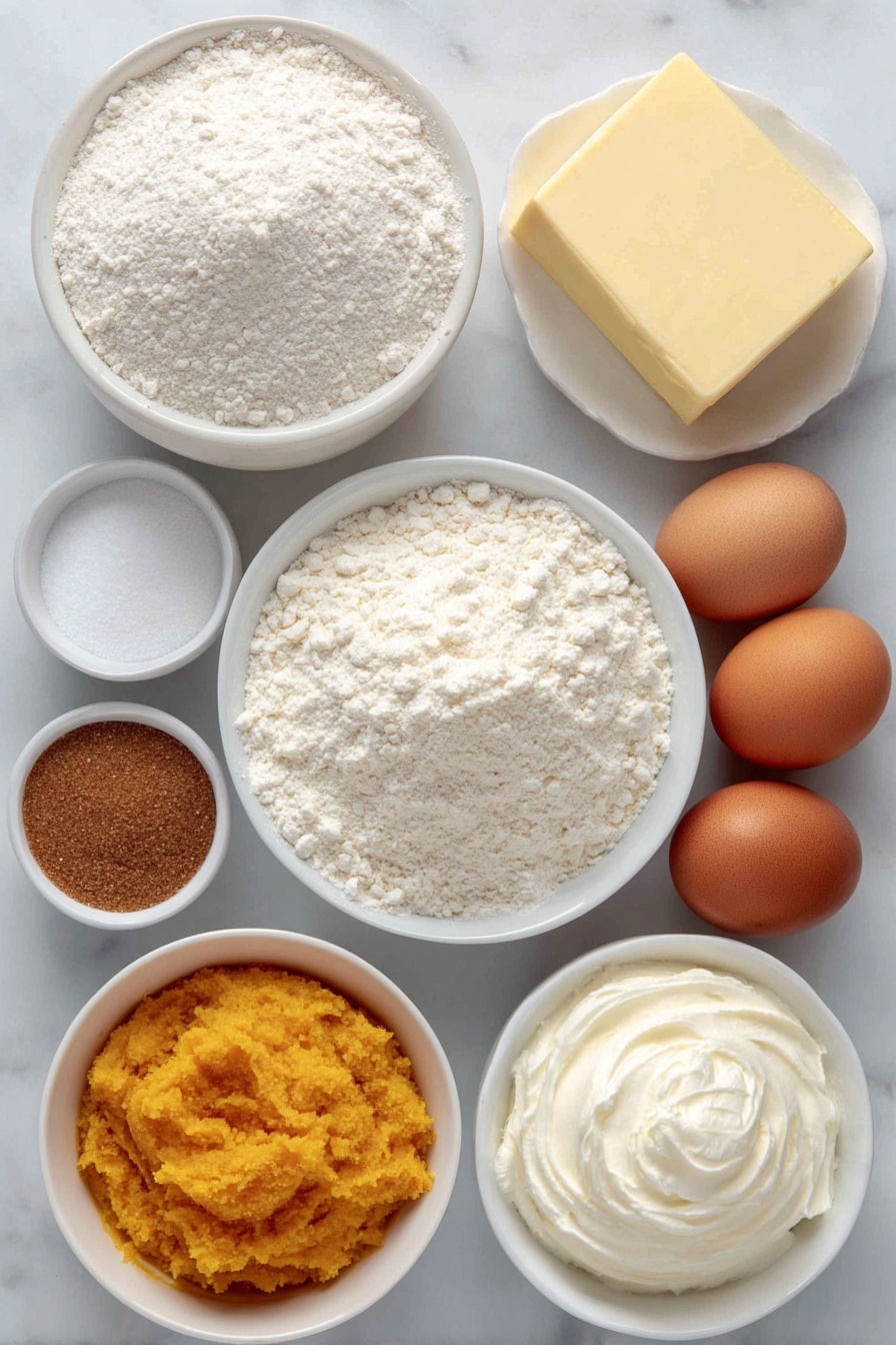 Flat lay of all purpose flour in a small mound, two teaspoons of baking powder in a small white bowl, a pinch of kosher salt in a small white bowl, a quarter cup of softened unsalted butter as a smooth pale yellow block, a quarter cup of granulated brown sugar in a neat pile, a small white bowl holding vivid orange pumpkin puree, a small white bowl with smooth whipped cream cheese, a small white bowl filled with golden honey, a small white bowl with ground cinnamon, a small white bowl of powdered sugar, a small white bowl containing fresh cream, a few whole brown eggs with clean shells arranged neatly placed on a clean white marble surface, soft natural light, photo taken with an iPhone, professional food photography style, fresh ingredients, white ceramic bowls, no bottles, no duplicates, no utensils, no packaging --ar 2:3 --v 7 --p m7354615311229779997 - Pumpkin Cinnamon Rolls with Cream Cheese Glaze, pumpkin cinnamon rolls, fall cinnamon roll recipes, easy pumpkin pastry, cozy fall baking ideas