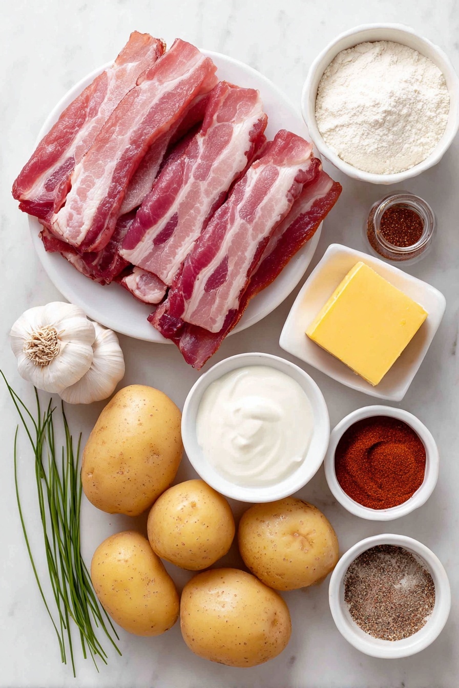 Flat lay of six uncooked bacon strips cut into small pieces, a small chunk of golden yellow butter, one medium yellow onion chopped, three large garlic cloves peeled, a small white bowl with all-purpose flour, several peeled and diced gold potatoes, a small white bowl filled with chicken broth, a small white bowl filled with milk, a small white bowl with heavy cream, one small white bowl containing coarse salt, one small white bowl of ground black pepper, one small white bowl with ancho chili powder, a small white bowl filled with sour cream, and a few sprigs of fresh chives placed on a clean white marble surface, soft natural light, photo taken with an iPhone, professional food photography style, fresh ingredients, white ceramic bowls, no bottles, no duplicates, no utensils, no packaging --ar 2:3 --v 7 --p m7354615311229779997 - Creamy Potato Soup with Bacon, Potato Bacon Soup, Easy Creamy Potato Soup, Comforting Potato Soup Recipe, Bacon-Loaded Potato Soup