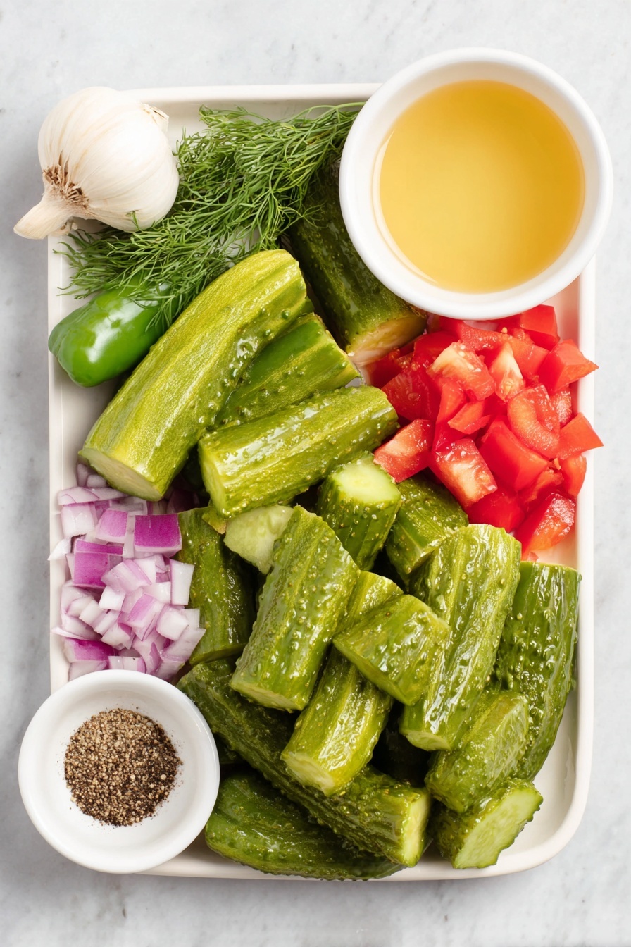 Flat lay of fresh whole dill pickles sliced into chunks, diced bright green cucumber, diced vivid red bell pepper, diced purple-red onion, a whole green jalapeño pepper, a single unpeeled garlic clove, a small bunch of fresh green dill sprigs, a small white ceramic bowl filled with clear pickle brine, and a small white ceramic bowl with freshly ground black pepper, all arranged in perfect symmetry on a clean white ceramic plate and simple small bowls, placed on a clean white marble surface, soft natural light, photo taken with an iPhone, professional food photography style, fresh ingredients, white ceramic bowls, no bottles, no duplicates, no utensils, no packaging --ar 2:3 --v 7 --p m7354615311229779997 - Pickle de Gallo, Pickle de Gallo ingredients, easy Pickle de Gallo, tangy salsa alternative, quick pickle sauce