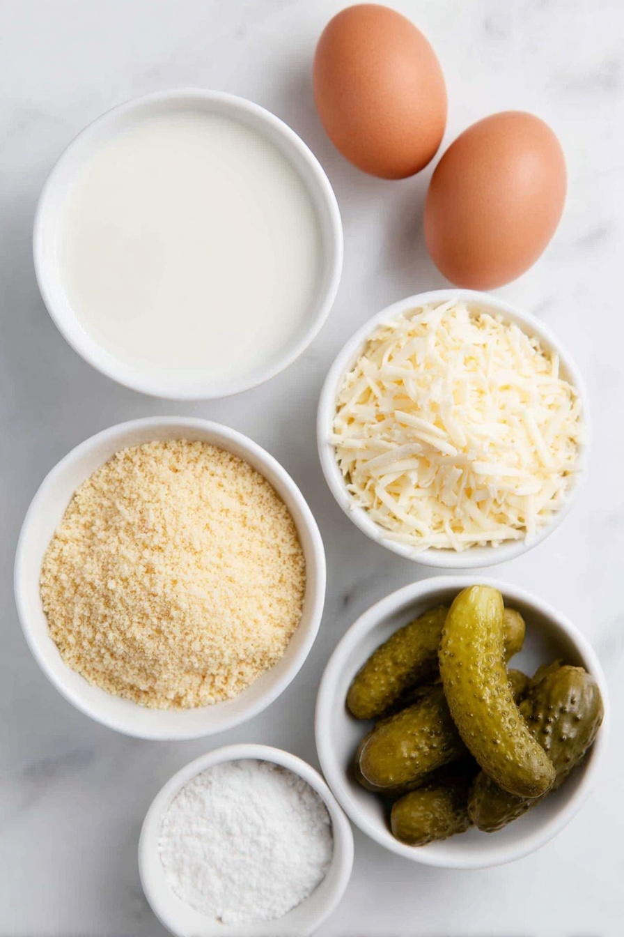 Flat lay of a small white ceramic bowl with skim milk, two whole uncracked brown eggs, a small white ceramic bowl filled with seasoned golden breadcrumbs, a small white ceramic bowl of grated Parmesan cheese, and several fresh dill pickle spears arranged neatly, placed on a clean white marble surface, soft natural light, photo taken with an iPhone, professional food photography style, fresh ingredients, white ceramic bowls, no bottles, no duplicates, no utensils, no packaging --ar 2:3 --v 7 --p m7354615311229779997 - Crispy Dill Pickle Fries, dill pickle fries recipe, crispy pickle snack, crunchy pickle appetizer, homemade pickle fries