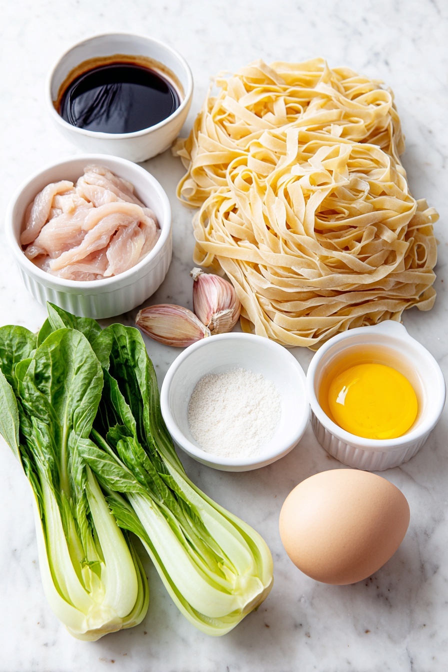 Flat lay of fresh wide flat rice noodles (Sen Yai) neatly arranged in loose folds, two whole brown garlic cloves with smooth skins, a small white ceramic bowl filled with dark soy sauce, a small white ceramic bowl with glossy oyster sauce, a small white ceramic bowl holding light soy sauce, a small white ceramic bowl of clear white vinegar, a small white ceramic bowl of fine white sugar, raw boneless skinless chicken thigh slices fresh and pinkish, a single large whole egg with a clean beige shell, and four fresh Chinese broccoli stems with bright green leaves placed symmetrically, all placed on a clean white marble surface, soft natural light, photo taken with an iPhone, professional food photography style, fresh ingredients, white ceramic bowls, no bottles, no duplicates, no utensils, no packaging --ar 2:3 --v 7 --p m7354615311229779997 - Pad See Ew Thai Stir-Fried Noodles, Thai stir-fried noodles, authentic Thai Pad See Ew, easy Thai noodle recipe, quick Pad See Ew