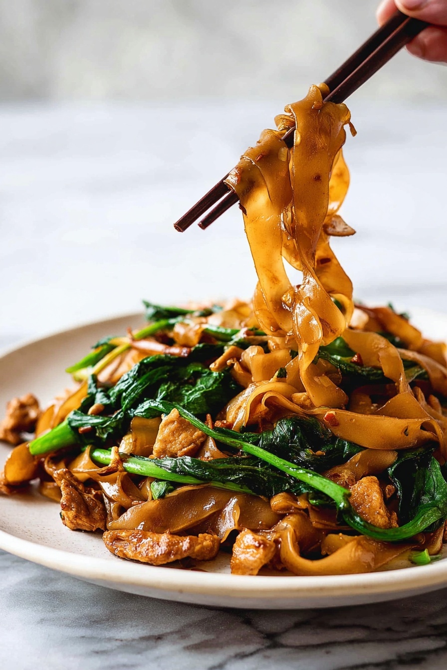 A close-up view of a pan filled with dark brown wide rice noodles mixed with green leafy vegetables and light brown pieces of cooked meat. The noodles are twisted and glossy, lying on top and around the cooked green stems and leaves. Small chunks of meat are scattered throughout the dish. A wooden spoon is seen stirring the food inside the pan. The pan sits on a white marbled surface. photo taken with an iphone --ar 2:3 --v 7 - Pad See Ew Thai Stir-Fried Noodles, Thai stir-fried noodles, authentic Thai Pad See Ew, easy Thai noodle recipe, quick Pad See Ew