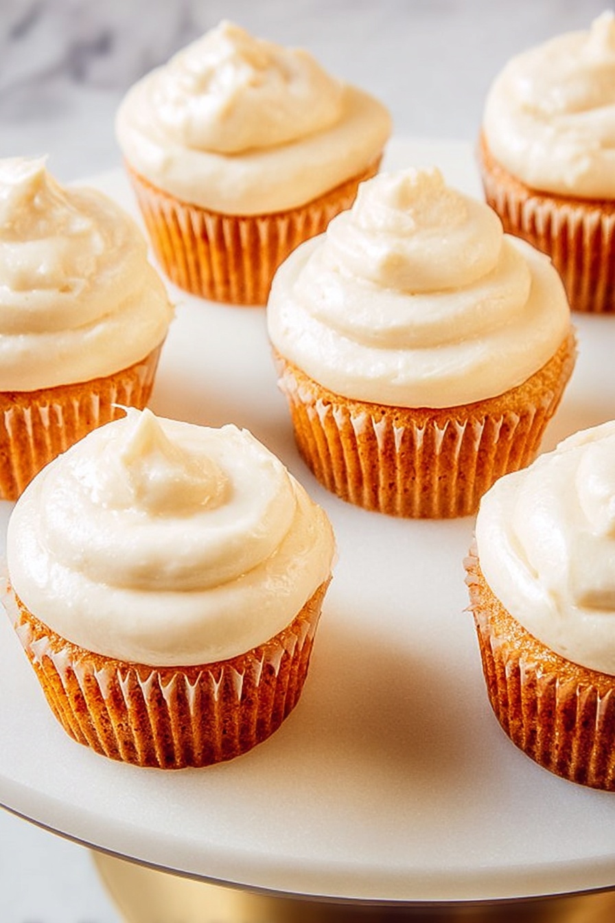There are six cupcakes on a large white plate. Each cupcake has one layer of orange-colored cake at the bottom and a thick layer of creamy white frosting swirled on top, forming a small peak in the center. The cupcakes sit on a white marbled surface with soft natural light giving a warm feel. The focus is clear, showing the texture of the frosting and cake well, with a slight shadow cast around each cupcake. photo taken with an iphone --ar 2:3 --v 7 - Pumpkin Spice Cupcakes with Cream Cheese Frosting, fall cupcakes with pumpkin and spices, easy pumpkin spice cupcake recipe, festive pumpkin dessert ideas, moist pumpkin cupcake recipe