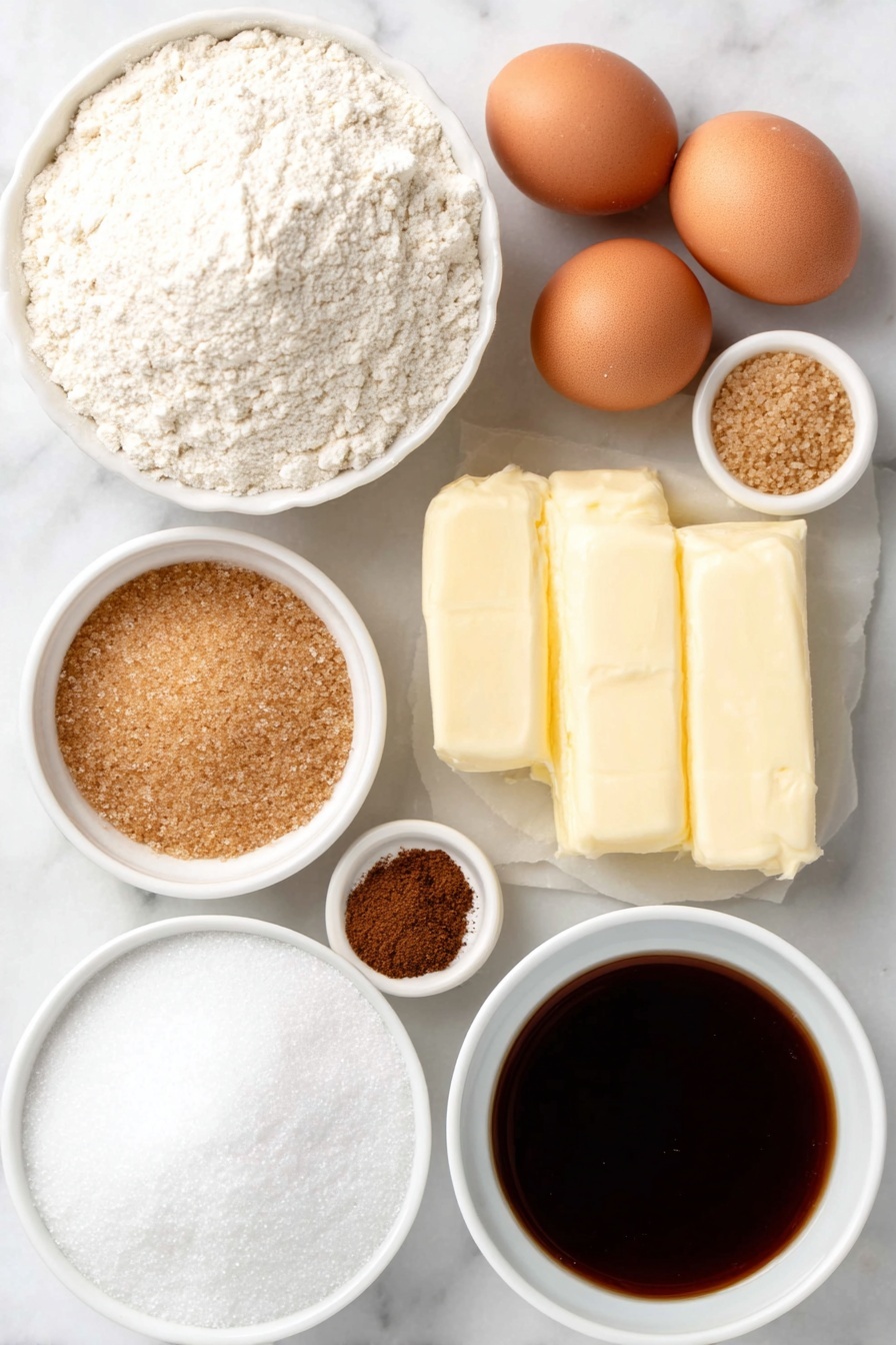 Flat lay of a small mound of all-purpose flour, a few whole brown eggs with clean shells, a small white ceramic bowl of light brown sugar, a small white ceramic bowl of granulated sugar, a small white ceramic bowl of dark molasses, a generous slab of unsalted butter, a small white ceramic bowl containing a delicate mix of ground ginger, ground cinnamon, ground cloves, nutmeg, baking soda, and salt arranged side by side in neat piles, and a small white ceramic bowl of coarse sugar for rolling, all arranged symmetrically and naturally on a clean white marble surface, soft natural light, photo taken with an iPhone, professional food photography style, fresh ingredients, white ceramic bowls, no bottles, no duplicates, no utensils, no packaging --ar 2:3 --v 7 --p m7354615311229779997 - Soft Molasses Cookies, easy molasses cookies, chewy ginger cookies, tender spice cookies, homemade molasses cookie recipe