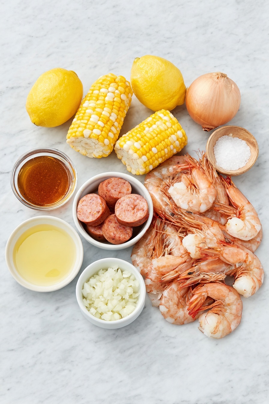 Flat lay of extra large unpeeled shrimp with vibrant pink shells, small glossy red potatoes, four large ears of corn broken into smaller pieces with bright yellow kernels, sliced kielbasa with a rich reddish-brown color, two whole fresh lemons with bright yellow peel alongside lemon rinds, one large quartered white onion with purplish skin, a small white ceramic bowl of finely minced fresh garlic, a small white ceramic bowl of melted golden butter, a small white ceramic bowl of coarse kosher salt, a small white ceramic bowl of reddish-orange Old Bay seasoning, a small white ceramic bowl containing a dark amber beer, and a rustic bag of shrimp and crab boil spice mix beside the ingredients all arranged in perfect symmetry, placed on a clean white marble surface, soft natural light, photo taken with an iPhone, professional food photography style, fresh ingredients, white ceramic bowls, no bottles, no duplicates, no utensils, no packaging --ar 2:3 --v 7 --p m7354615311229779997 - Ultimate Shrimp Boil, shrimp boil recipe, seafood boil, Southern shrimp boil, seafood boil dinner