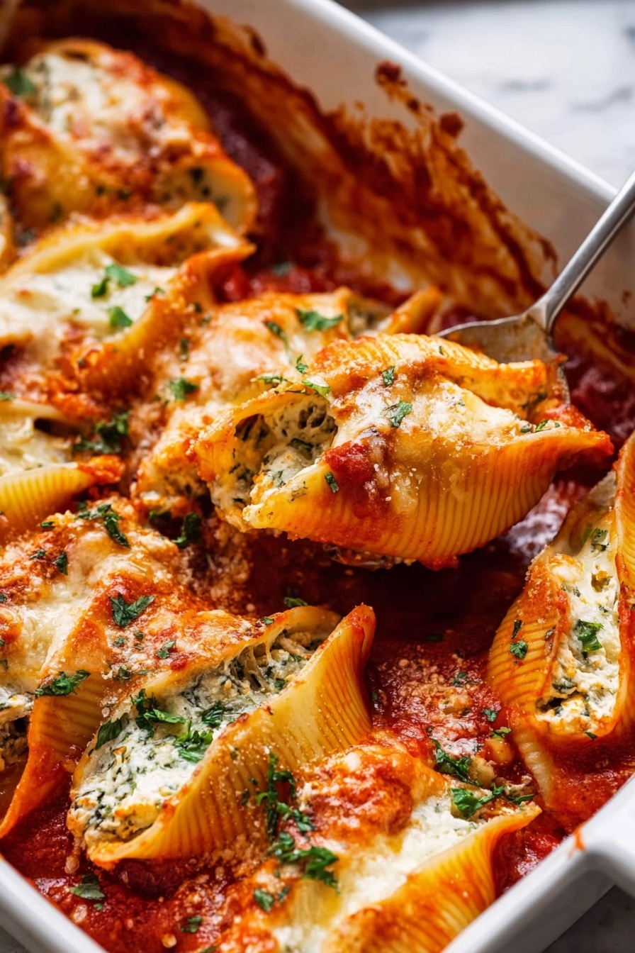 The image shows a shallow white bowl filled with three large pasta shells stuffed with a creamy, greenish-white filling, covered in bright red tomato sauce. The shells have a slightly browned, melted cheese layer on top. Fresh green basil leaves and grated white cheese are sprinkled over the pasta, adding texture and color contrast. A fork is placed inside the bowl on the right side, with some sauce visible on it. The bowl sits on a soft gray cloth on a white marbled surface, with green basil leaves scattered around. In the background, there is a white rectangular baking dish filled with more baked pasta shells in tomato sauce. Photo taken with an iphone --ar 2:3 --v 7 - Spinach Ricotta Stuffed Shells, stuffed pasta shells with spinach and ricotta, baked spinach ricotta shells, easy stuffed shells with tomato sauce, comfort food spinach pasta