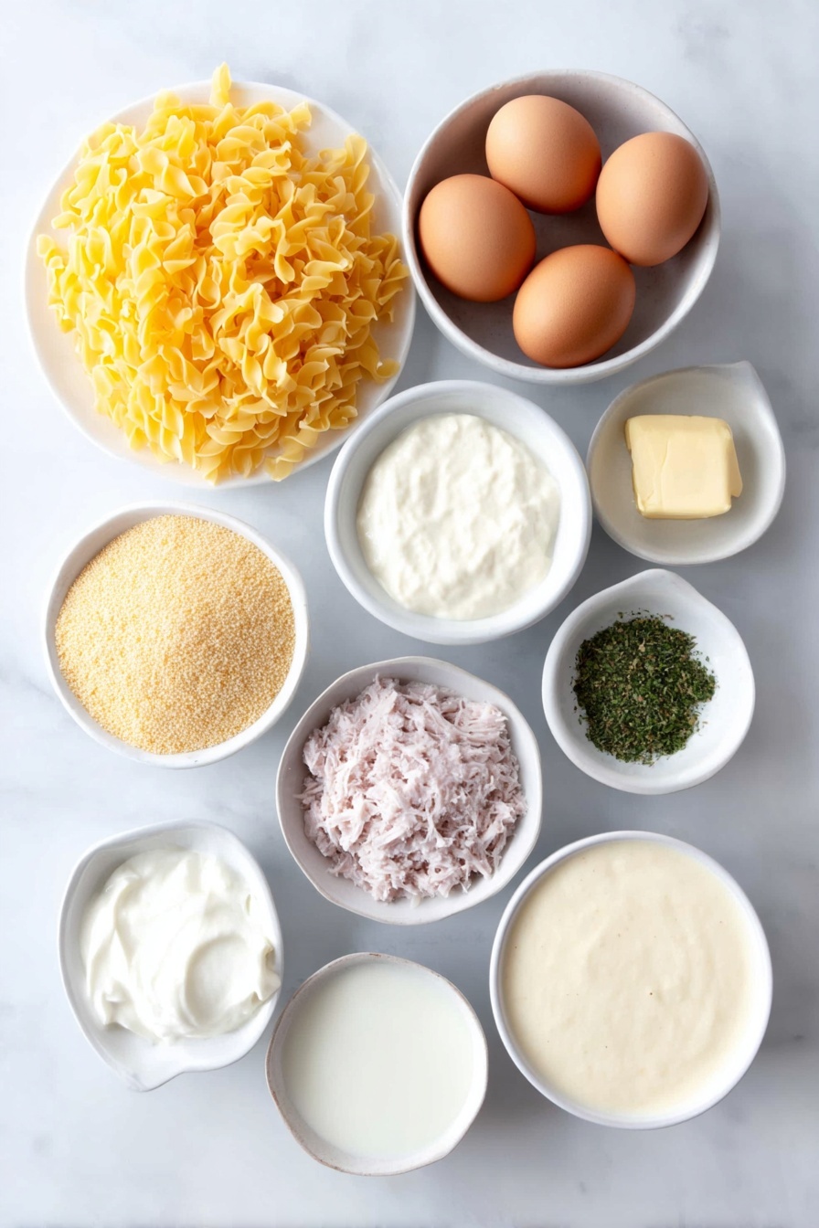 Flat lay of a small mound of golden egg noodles, a small handful of frozen green peas, a neat pile of shredded bright orange cheddar cheese, a small heap of light golden breadcrumbs, a small mound of finely grated pale parmesan cheese, a dollop of creamy white sour cream, two whole uncracked brown eggs, a small white bowl filled with creamy beige cream of mushroom soup, a small white bowl filled with creamy white cream of chicken soup, a small white bowl holding flaked pale pink tuna, a small white bowl containing smooth white milk, a small white bowl with melted golden butter, a few sprigs of dried green parsley, a tiny pile of pale beige onion powder, a tiny pile of light beige garlic powder, a tiny pile of coarse black pepper, and a tiny pile of coarse white kosher salt, all arranged with perfect symmetry on simple white ceramic dishes, placed on a clean white marble surface, soft natural light, photo taken with an iPhone, professional food photography style, fresh ingredients, white ceramic bowls, no bottles, no duplicates, no utensils, no packaging --ar 2:3 --v 7 --p m7354615311229779997 - Easy Tuna Noodle Casserole, Tuna Noodle Casserole, Comfort Food Recipes, Easy Dinner Ideas, Creamy Tuna Casserole