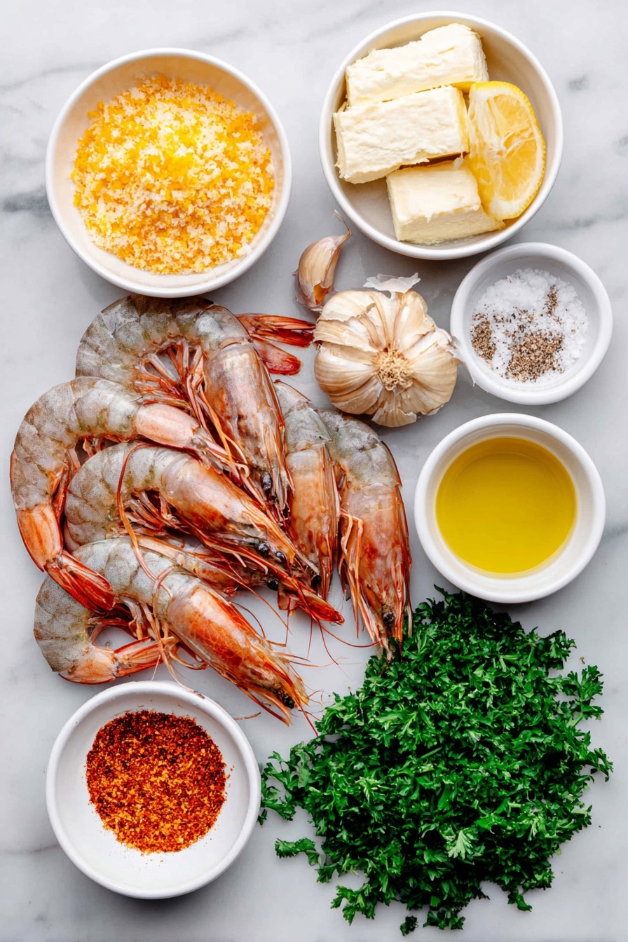 Flat lay of large raw shrimp with shells removed, several whole uncracked brown garlic cloves and some finely minced garlic, a small handful of coarse kosher salt crystals, a few twists of freshly ground black pepper, a small pat of unsalted butter, a small white bowl with golden panko bread crumbs, thin strips of bright yellow lemon zest, a small white bowl with clear extra-virgin olive oil, a pinch of crushed red pepper flakes, a small white bowl filled with pale yellow dry white wine, a halved lemon showing juicy flesh, a small pile of fresh chopped bright green parsley all arranged symmetrically in a harmonious composition, placed on a clean white marble surface, soft natural light, photo taken with an iPhone, professional food photography style, fresh ingredients, white ceramic bowls, no bottles, no duplicates, no utensils, no packaging --ar 2:3 --v 7 --p m7354615311229779997 - Easy Shrimp Scampi, shrimp scampi recipe, garlic butter shrimp, quick seafood dinner, easy dinner with shrimp