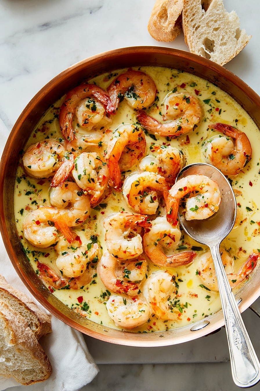 A shiny copper pan filled with one layer of cooked shrimp in a light yellow creamy sauce, sprinkled with small green herbs and bits of red chili flakes. The shrimp are bright orange and pink with white edges and their tails still on. A silver spoon rests inside the pan, holding three shrimp in sauce. The pan is placed on a white marbled surface with some chunks of light brown bread around it. photo taken with an iphone --ar 2:3 --v 7 - Easy Shrimp Scampi, shrimp scampi recipe, garlic butter shrimp, quick seafood dinner, easy dinner with shrimp