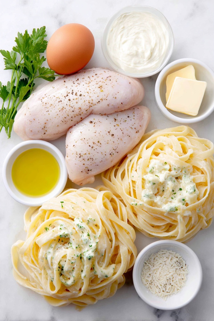 Flat lay of dry fettuccine pasta nests, two boneless skinless chicken breasts seasoned with herbs and pepper, a small pat of golden butter slices, a few sprigs of fresh parsley, a whole uncracked brown egg, a small white ceramic bowl of extra-virgin olive oil, a small white ceramic bowl of heavy whipping cream, a small white ceramic bowl filled with finely grated Parmesan cheese, a small white ceramic bowl containing minced garlic cloves, sprinkled kosher salt and freshly ground black pepper scattered sparsely around, placed on a clean white marble surface, soft natural light, photo taken with an iPhone, professional food photography style, fresh ingredients, white ceramic bowls, no bottles, no duplicates, no utensils, no packaging --ar 2:3 --v 7 --p m7354615311229779997 - Creamy Chicken Alfredo Pasta, easy chicken Alfredo, homemade Alfredo sauce, creamy pasta recipes, family-friendly pasta dishes