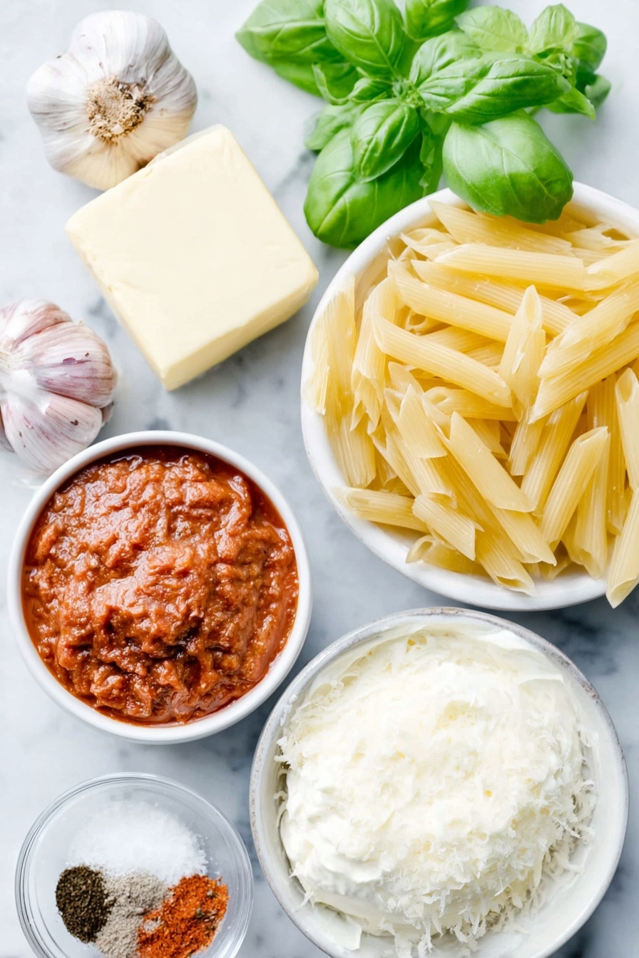 Flat lay of a small pat of unsalted butter, one whole shallot with purple-tinged skin, two whole garlic cloves with papery skins, a small white bowl of rich red tomato paste, a small white bowl of crushed red pepper flakes, a small white bowl of clear vodka, a small white bowl of kosher salt crystals, a portion of uncooked penne pasta, a small white bowl of creamy heavy cream, a small white bowl of finely grated Parmesan cheese, several fresh bright green basil leaves arranged neatly, all placed on a clean white marble surface, soft natural light, photo taken with an iPhone, professional food photography style, fresh ingredients, white ceramic bowls, no bottles, no duplicates, no utensils, no packaging --ar 2:3 --v 7 --p m7354615311229779997 - Vodka Penne Pasta, creamy pasta recipes, easy vodka pasta, tomato vodka sauce, comforting pasta dishes