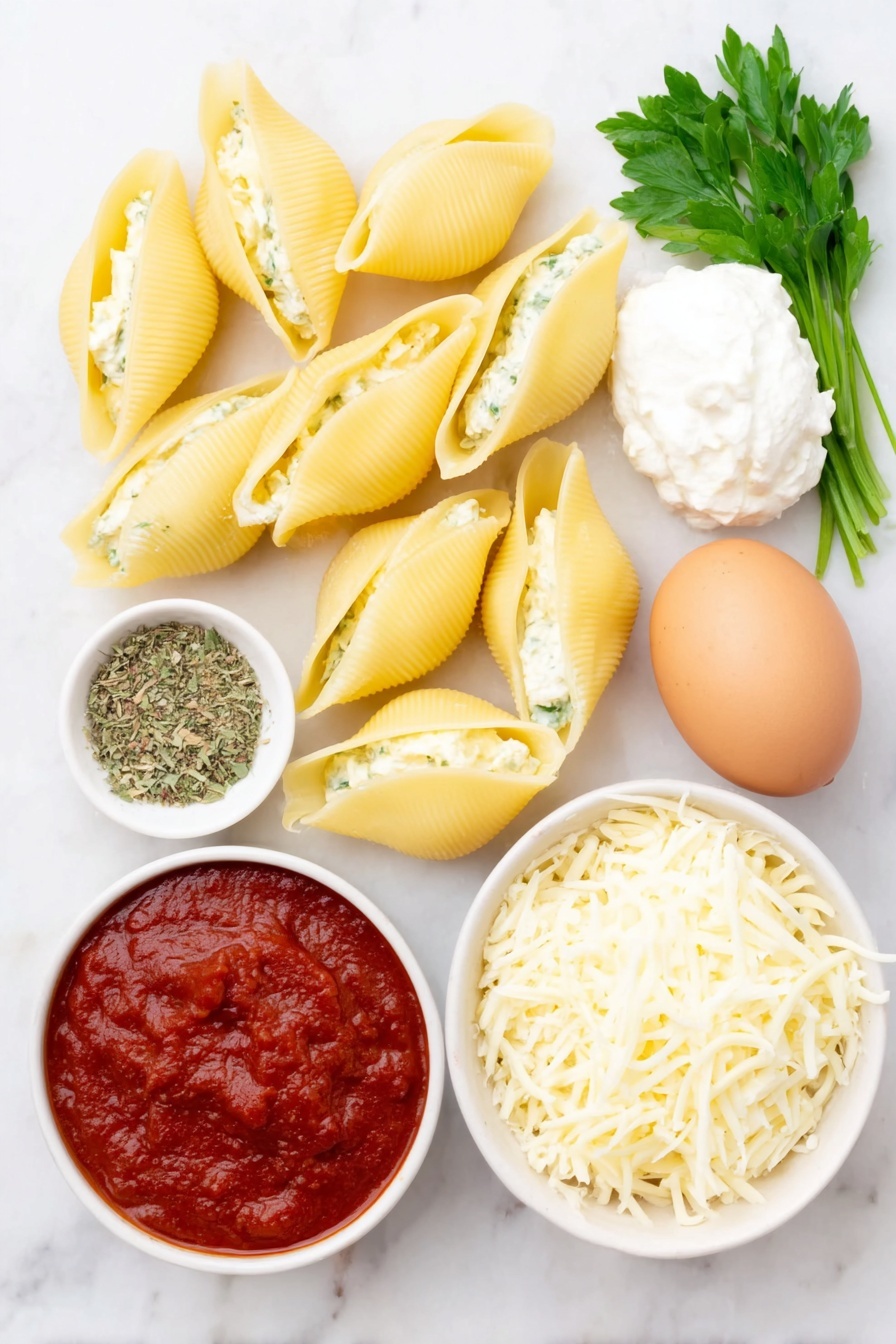 Flat lay of a handful of large, pale yellow jumbo pasta shells arranged neatly, a small mound of creamy white ricotta cheese, a small pile of shredded mozzarella cheese with soft white and pale yellow strands, a small heap of finely grated parmesan cheese with a sandy texture, a single whole brown egg with a clean shell, a few fresh bright green parsley sprigs, a small white ceramic bowl filled with vibrant red marinara sauce, and a small white bowl containing a blend of dried Italian seasoning herbs — all placed on a clean white marble surface, soft natural light, photo taken with an iPhone, professional food photography style, fresh ingredients, white ceramic bowls, no bottles, no duplicates, no utensils, no packaging --ar 2:3 --v 7 --p m7354615311229779997 - Stuffed Shells with Ricotta and Marinara, baked stuffed shells, cheesy stuffed pasta, Italian stuffed shells, comfort food pasta