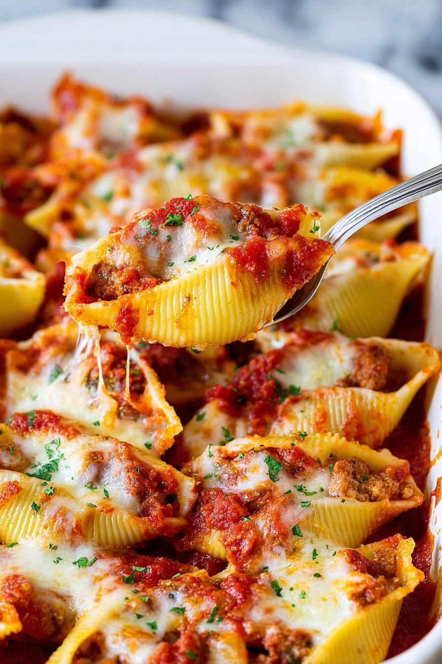 The image shows a close-up of pasta shells baked in a white dish. Each pasta shell is filled with a layer of meat inside, visible beneath the top layer. The shells are topped with bright red tomato sauce and a layer of melted cheese that is browned in spots, giving a slightly bubbly texture. The dish is sprinkled with small bits of green herbs, adding color contrast. A silver spoon lifts one pasta shell, showing the layers and cheddar melting slightly from the bottom. The background is a white marbled texture. photo taken with an iphone --ar 2:3 --v 7 - Stuffed Shells with Ricotta and Marinara, baked stuffed shells, cheesy stuffed pasta, Italian stuffed shells, comfort food pasta
