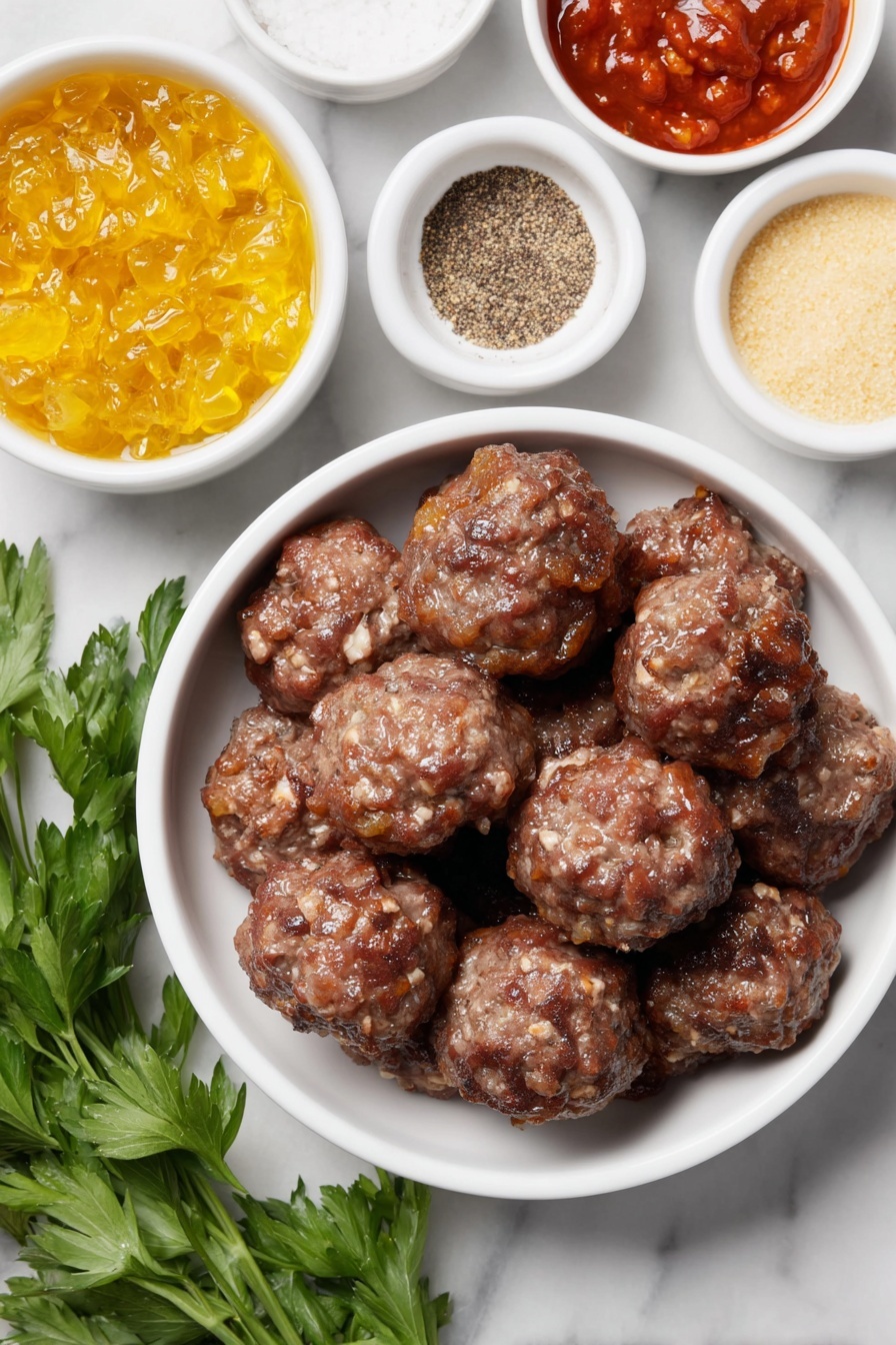 Flat lay of a small white ceramic bowl of glossy jellied cranberry sauce, a small white ceramic bowl of bright red chili sauce, a small white ceramic bowl of golden brown sugar, a small white ceramic bowl with light beige garlic powder, a small white ceramic bowl with coarse black pepper, a neat pile of round, fully cooked meatballs with a natural browned exterior, fresh sprigs of green parsley placed beside them, all arranged with perfect symmetry on a clean white marble surface, soft natural light, photo taken with an iPhone, professional food photography style, fresh ingredients, white ceramic bowls, no bottles, no duplicates, no utensils, no packaging --ar 2:3 --v 7 --p m7354615311229779997 - Cranberry Meatballs, Cranberry Meatballs appetizer, holiday meatball recipe, easy holiday appetizers, festive meatball dish