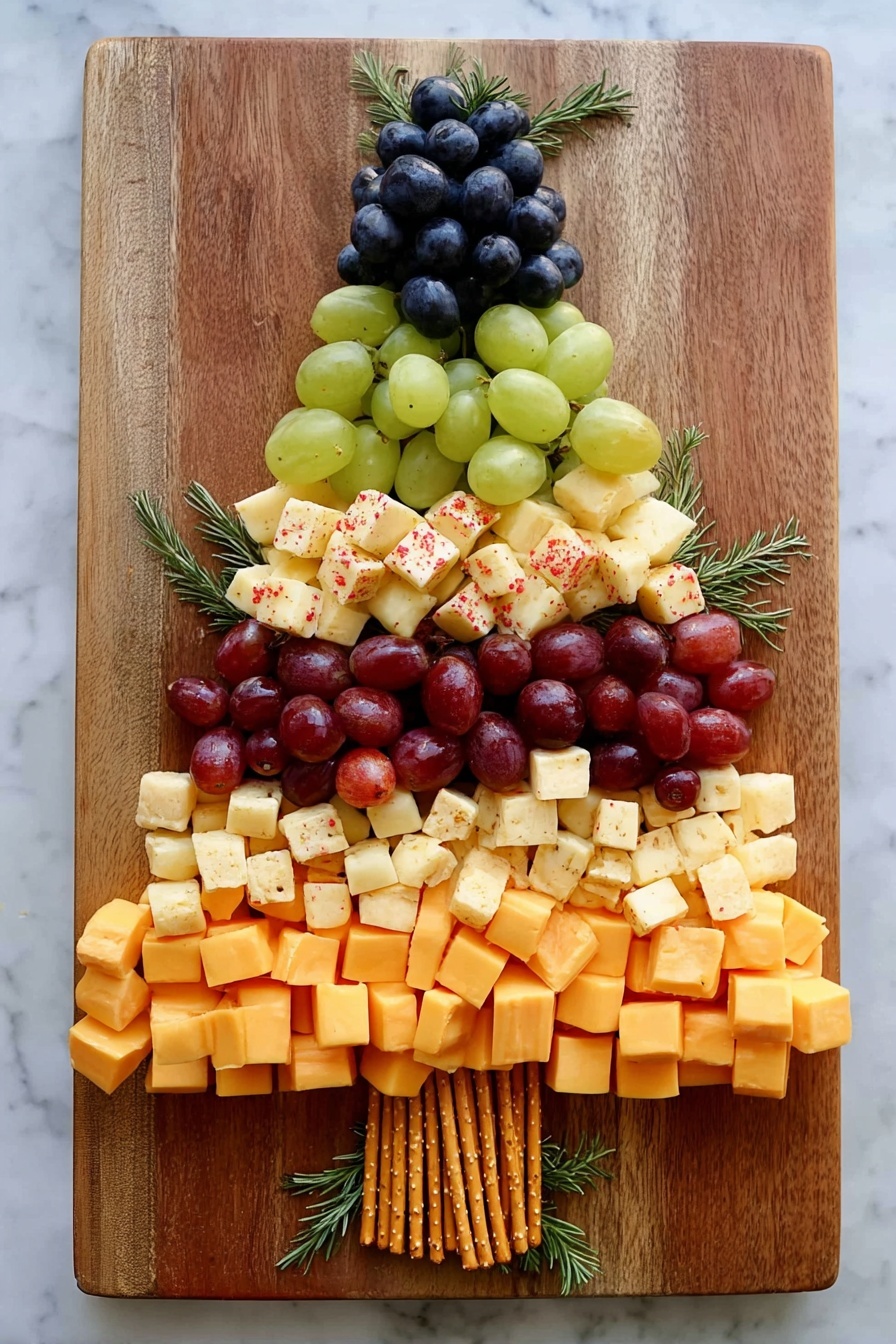 A wooden board holds a Christmas tree shaped snack arrangement made of layers of different fruits and cheeses. Starting from the bottom, there is a row of pretzel sticks acting as the tree trunk, topped by a thick layer of orange cheese cubes. Above this, there is a dense row of red grapes, followed by a layer of light cheese cubes with small red seasoning pieces. Next is a layer of green grapes, then a layer of plain pale yellow cheese cubes. The top of the tree is formed with a cluster of dark blue grapes. Small green rosemary sprigs are placed between the layers to mimic tree branches. The whole setup is on a white marbled surface photo taken with an iphone --ar 2:3 --v 7 - Christmas Tree Charcuterie Board, festive holiday appetizer, Christmas party charcuterie, holiday cheese board, Christmas entertaining ideas