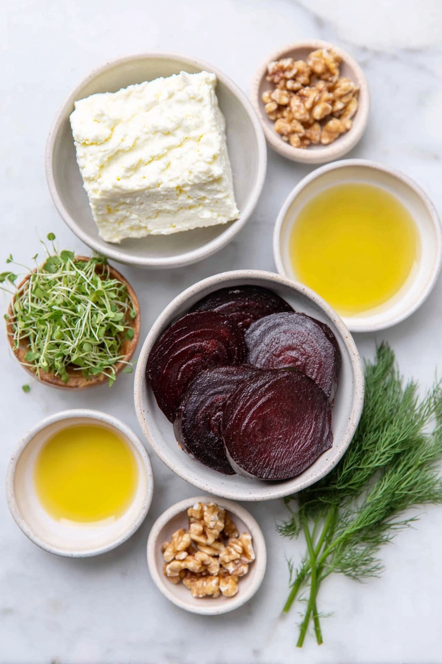 Flat lay of four medium cooked beets thinly sliced into rounds, a chunk of creamy white goat’s cheese, a small white bowl of thick Greek yogurt, a small white bowl of fresh lemon juice, a small white bowl of golden olive oil, a small white bowl of crushed walnuts, a small white bowl of golden honey, a few sprigs of fresh dill, and a handful of delicate microgreens, all arranged with perfect symmetry on simple white ceramic bowls placed on a clean white marble surface, soft natural light, photo taken with an iPhone, professional food photography style, fresh ingredients, white ceramic bowls, no bottles, no duplicates, no utensils, no packaging --ar 2:3 --v 7 --p m7354615311229779997 - Beetroot and Goat Cheese Terrine, Beetroot and Goat Cheese Appetizer, Elegant Beet and Goat Cheese Starter, Easy Beetroot Terrine, Roasted Beet and Goat Cheese Layered Dish