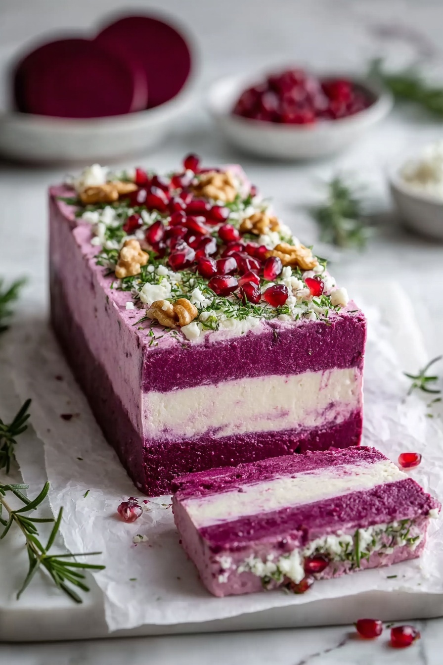 A square dish with three clear layers on a white plate, placed on a white marbled surface; the bottom and top layers are deep purple and smooth, while the middle layer is a thick, creamy white. The top purple layer is decorated with green chopped herbs, small white cheese crumbles, and scattered walnut pieces. Around the plate, there are a few more walnut pieces and some light amber sauce with herbs. The background is softly blurred with white and light green tones. Photo taken with an iphone --ar 2:3 --v 7 - Beetroot and Goat Cheese Terrine, Beetroot and Goat Cheese Appetizer, Elegant Beet and Goat Cheese Starter, Easy Beetroot Terrine, Roasted Beet and Goat Cheese Layered Dish
