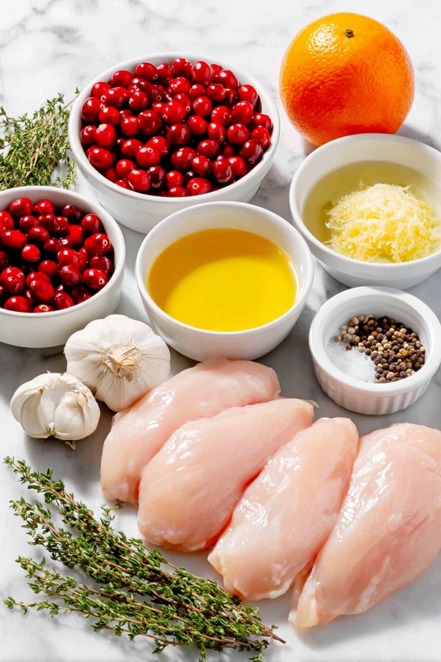 Flat lay of fresh boneless skinless chicken breasts, a small pile of bright red fresh cranberries, a whole large orange alongside a small white bowl of freshly grated orange zest and a small white bowl of orange juice, a small white bowl filled with golden honey, a small white bowl with clear olive oil, two whole uncracked garlic cloves, a few sprigs of fresh thyme and rosemary, a small white bowl of light chicken broth, a small white bowl with dark balsamic vinegar, a small white bowl containing smooth Dijon mustard, and a small white bowl with coarse salt and mixed black peppercorns, all arranged with perfect symmetry and balanced proportions on a clean white marble surface, soft natural light, photo taken with an iPhone, professional food photography style, fresh ingredients, white ceramic bowls, no bottles, no duplicates, no utensils, no packaging --ar 2:3 --v 7 --p m7354615311229779997 - Cranberry Orange Chicken, Cranberry Orange Chicken recipe, easy chicken dinner with cranberries, citrus chicken recipes, flavorful chicken with cranberries