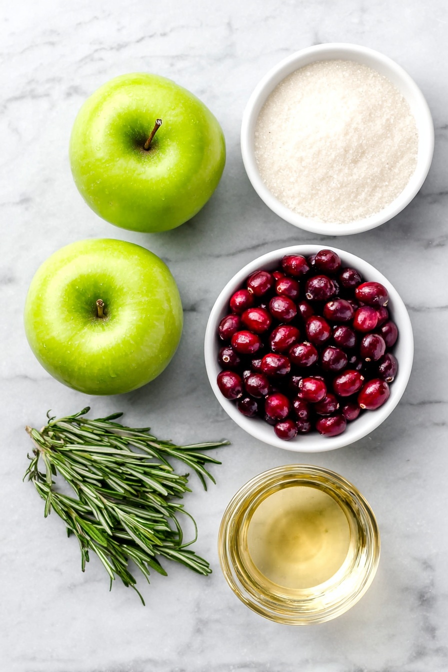 Flat lay of two fresh green apples, a small pile of vibrant red cranberries, a small white ceramic bowl filled with granulated sugar, a neat bunch of fresh rosemary sprigs, a small white ceramic bowl containing sparkling apple cider, a small white ceramic bowl holding Moscato wine, placed on a clean white marble surface, soft natural light, photo taken with an iPhone, professional food photography style, fresh ingredients, white ceramic bowls, no bottles, no duplicates, no utensils, no packaging --ar 2:3 --v 7 --p m7354615311229779997 - Festive Cranberry Green Apple Sangria, holiday fruit sangria, easy holiday cocktails, cranberry apple cocktail, Christmas party drinks