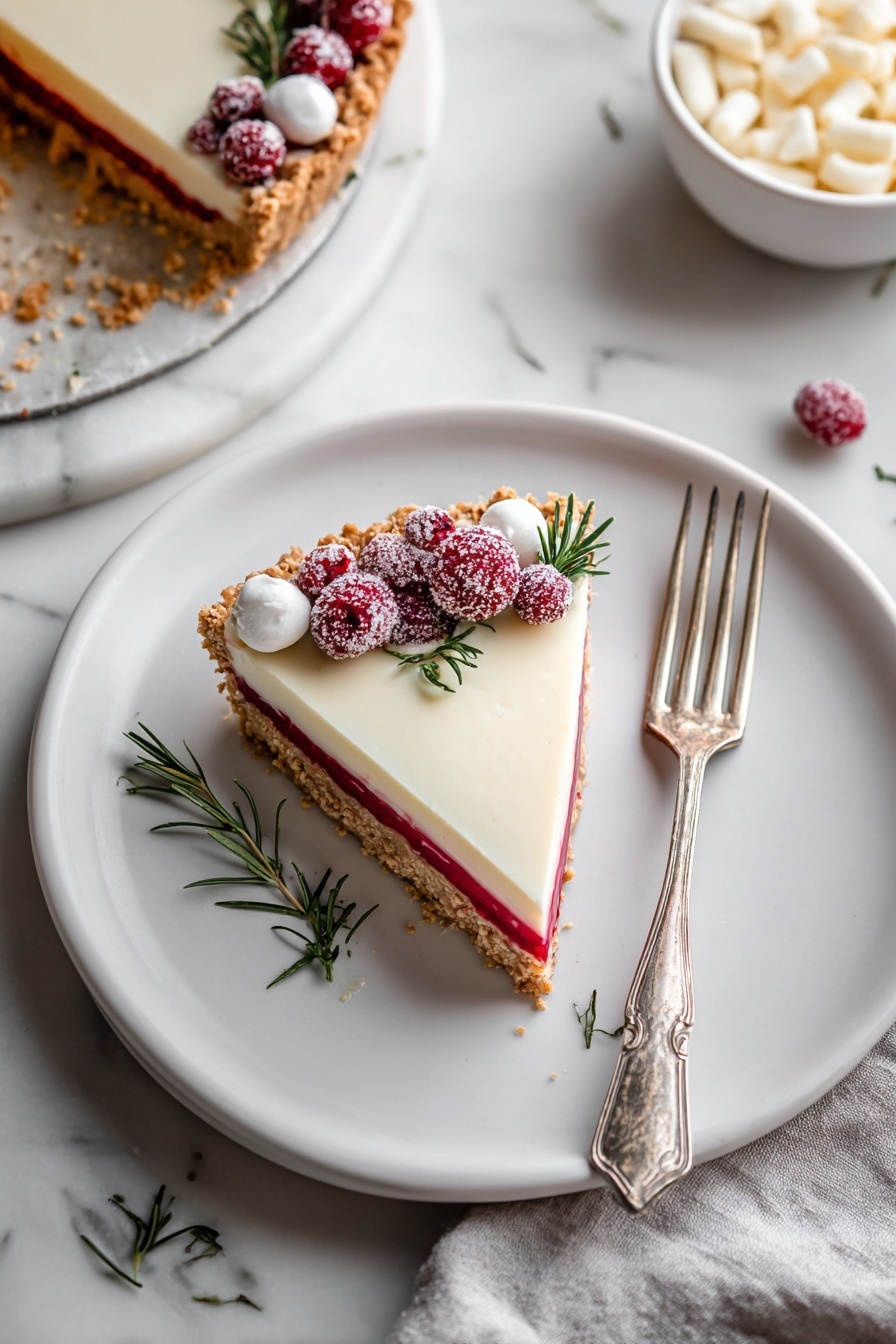 A white plate holds one slice of a tart with three visible layers: a crumbly light brown crust at the bottom, a thin bright red middle layer, and a thick smooth cream-colored top layer. The slice is decorated on the crust edge with three sugared red berries, three white dollops, and two small sprigs of fresh green rosemary. A vintage silver fork rests on the right side of the plate. The tart pie with the same decorations is partially visible in the upper left corner on a white marbled surface. A small white bowl with white chips is seen in the top right corner, and a light gray cloth is laid at the bottom edge of the image. Photo taken with an iphone --ar 2:3 --v 7 - Cranberry White Chocolate Tart, cranberry white chocolate tart, holiday tart, fruit dessert, gluten-free tart