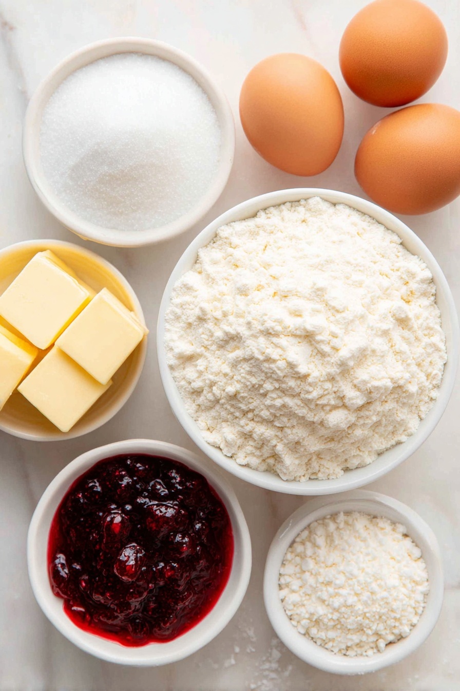 Flat lay of a small mound of pale yellow butter at room temperature, a small white ceramic bowl of fine white icing sugar, two whole brown eggs with clean shells, a small white ceramic bowl of fine sifted all-purpose flour, a small white ceramic bowl filled with glossy deep red Italian raspberry jam, a few loose grains of coarse salt, a vanilla bean pod, and a small pile of extra flour for rolling out dough, all arranged in perfect symmetry on a clean white marble surface, soft natural light, photo taken with an iPhone, professional food photography style, fresh ingredients, white ceramic bowls, no bottles, no duplicates, no utensils, no packaging --ar 2:3 --v 7 --p m7354615311229779997 - Raspberry Linzer Cookies, butter biscuit cookies with raspberry jam, fruit-filled sandwich cookies, homemade Linzer cookies, easy raspberry cookie recipe