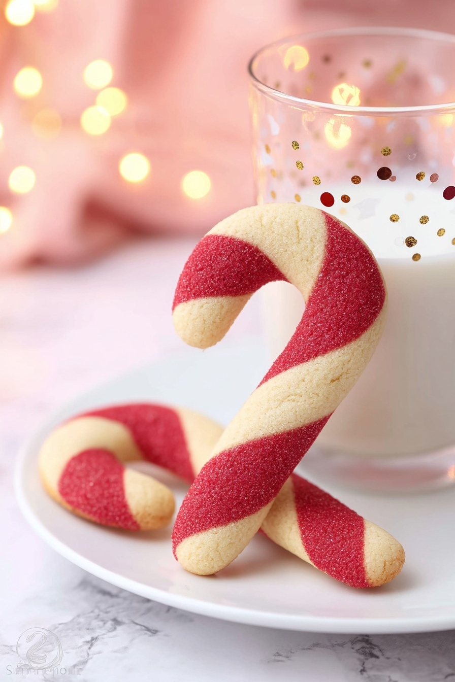 A collection of candy cane-shaped cookies laid out on a white marbled surface, each cookie featuring two colors twisted in a spiral: a creamy beige and a bright red. There are about a dozen whole cookies and a few broken ones with crumbs scattered around them. In the top right corner, a clear glass of milk is partially visible. The cookies have a smooth texture with a slight matte finish. Some small pieces of red and white peppermint candies are scattered near the bottom left. The scene is bright and clean, with a festive holiday feel. photo taken with an iphone --ar 2:3 --v 7 - Candy Cane Cookies, Holiday Cookie Recipes, Peppermint Cookies, Festive Christmas Cookies, Easy Cookie Recipes