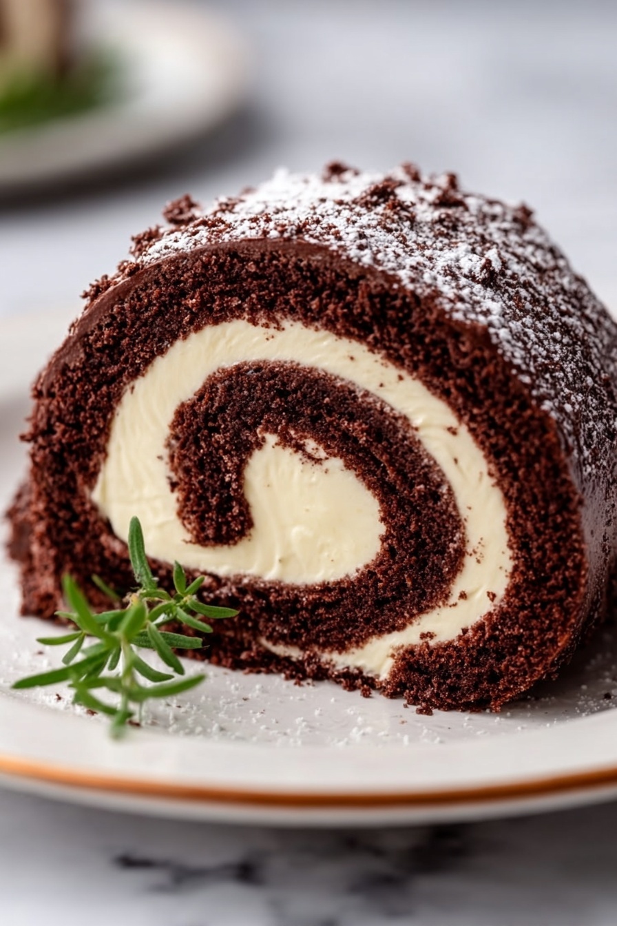 A close-up view of a chocolate roll cake slice on a white plate with a subtle gold rim, placed on a white marbled surface. The cake has two main layers spiraling inward: the outer layer is a rich, dark brown chocolate sponge, soft and textured, wrapping around a thick, creamy off-white filling that contrasts sharply with the dark cake. The outside of the roll is coated in a layer of rough chocolate frosting, and a light dusting of powdered sugar covers the top edges and part of the plate. A small green herb leaf is placed casually beside the cake slice. photo taken with an iphone --ar 2:3 --v 7 - Festive Chocolate Yule Log Cake, holiday chocolate cake, Christmas Yule Log, French Yule Log recipe, festive chocolate dessert