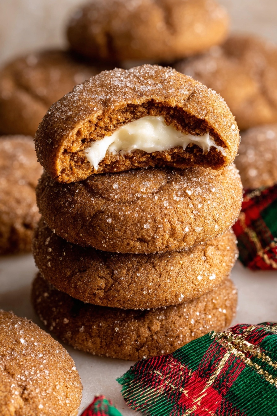 The image shows a close-up of a group of soft ginger cookies with a light sugar coating, arranged on a white marbled surface. In the center, one cookie is bitten, showing a cream filling inside with a smooth white texture. Around these cookies are small gingerbread man cookies decorated with white icing for faces and buttons. A red and green plaid ribbon weaves through the cookies, adding a festive touch, and a small shiny red ornament ball is placed near the top left corner. The overall colors are warm browns from the cookies and bright reds and greens from the ribbon and ornament. Photo taken with an iphone --ar 2:3 --v 7 - Gingerbread Cheesecake Cookies, holiday cookies with gingerbread and cheesecake, festive cookie recipes, easy gingerbread cookies, creamy cheesecake cookies