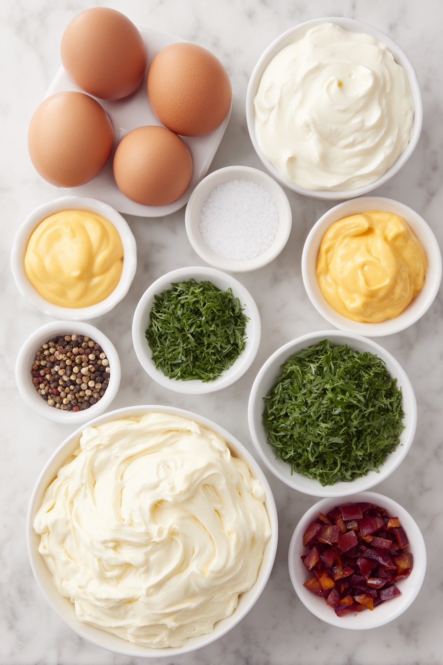 Flat lay of one dozen whole uncracked brown and white eggs, a small white ceramic bowl of creamy mayonnaise, a small white ceramic bowl of smooth yellow mustard, a small white ceramic bowl filled with glossy dill pickle relish, a small white ceramic bowl heaping with freshly chopped vibrant green parsley, a small white ceramic bowl of finely chopped fresh dill sprigs, a small white ceramic bowl of bright red diced bell pepper, a small white ceramic bowl with fine kosher salt crystals, and a small white ceramic bowl of coarsely ground black peppercorns, all ingredients fresh and natural, arranged with perfect symmetry and balanced proportions, placed on a clean white marble surface, soft natural light, photo taken with an iPhone, professional food photography style, fresh ingredients, white ceramic bowls, no bottles, no duplicates, no utensils, no packaging --ar 2:3 --v 7 --p m7354615311229779997 - Christmas Tree Deviled Eggs, festive deviled eggs, holiday appetizer ideas, Christmas egg shape, easy holiday party snacks