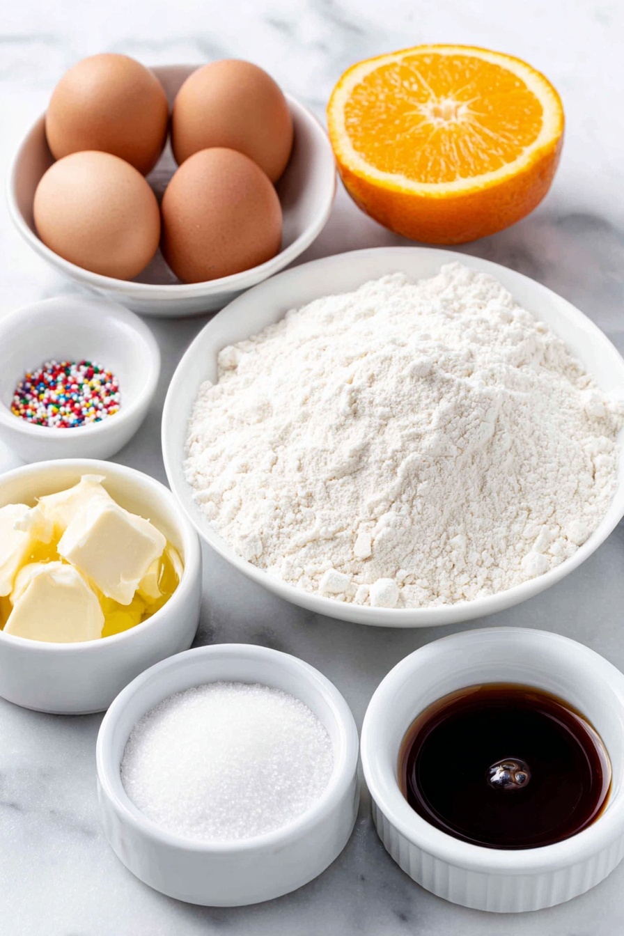 Flat lay of a small heap of fine Italian 00 flour on a simple white ceramic plate, a few brown whole eggs with clean shells arranged neatly beside it, a small white bowl filled with granulated white sugar, a small white bowl containing a golden melted butter pool, a small white bowl holding dark amber honey, an unpeeled fresh orange with a single bright orange zest spiral beside it, a small white bowl with dark rum, a pinch of fine white baking powder and salt neatly placed on small white ceramic dishes, a few colorful round sprinkles scattered lightly nearby, all ingredients fresh and natural, perfectly balanced and symmetrical on a clean white marble surface, soft natural light, photo taken with an iPhone, professional food photography style, fresh ingredients, white ceramic bowls, no bottles, no duplicates, no utensils, no packaging --ar 2:3 --v 7 --p m7354615311229779997 - Italian Honey Balls Struffoli, traditional Italian desserts, holiday Italian sweets, easy Struffoli recipe, Italian Christmas treats