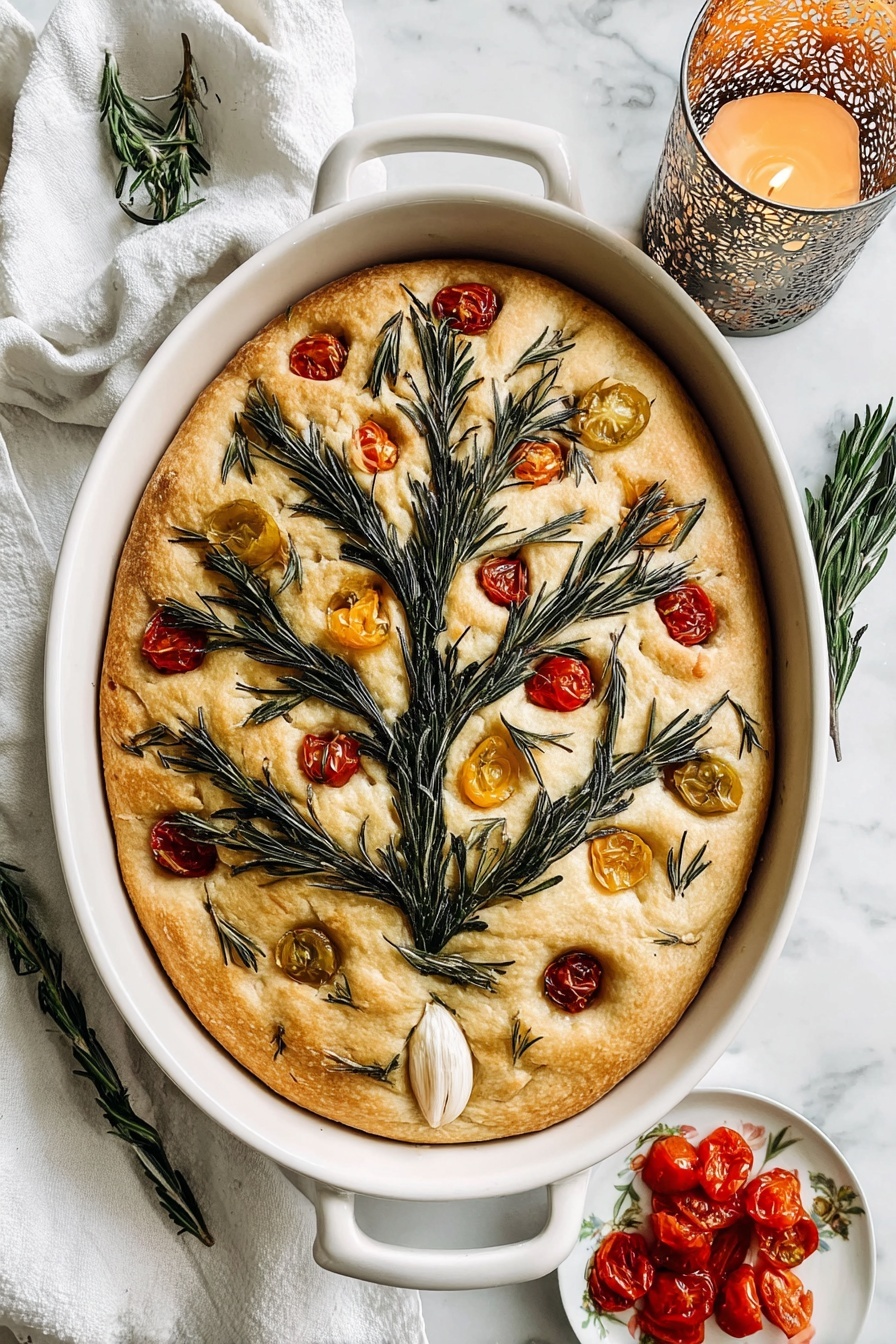 An oval white ceramic dish holds a single large focaccia bread with a golden crust. The top of the bread is decorated with three branches of green rosemary that spread across it like a tree, with small red and orange cherry tomatoes and slices of white onion placed between the rosemary sprigs. The bread has some dimples and a lightly browned surface. The dish is on a white marbled surface, next to a white towel with green stripes, a small white plate with blue floral design holding more cherry tomatoes, onion halves, and rosemary sprigs, and a lit candle in a decorative holder. photo taken with an iphone --ar 2:3 --v 7 - Christmas Tree Focaccia, festive holiday bread, edible Christmas decoration, easy holiday bread, Christmas bread ideas