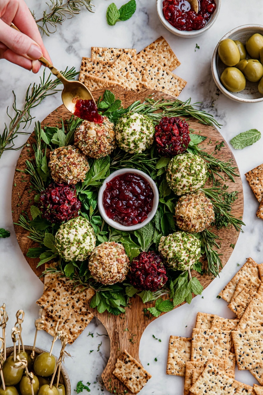 A round wooden board holds a wreath made of small cheese balls covered in three different coatings: bright red chopped dried cranberries, finely chopped green herbs with bits of nuts, and crumbly light brown nuts mixed with green herbs. The wreath is decorated with fresh green leaves of mint, parsley, rosemary, and thyme, placed evenly around and inside the wreath, creating a lively frame. Around the board, there are scattered dried cranberries and pecans on a white marbled surface. On the left side, white bowls filled with dried cranberries and red jam, along with square and rectangular crackers, are partially visible. photo taken with an iphone --ar 2:3 --v 7 - Cheese Ball Wreath, festive cheese appetizer, holiday cheese wreath, party cheese ball, cheese wreath appetizer