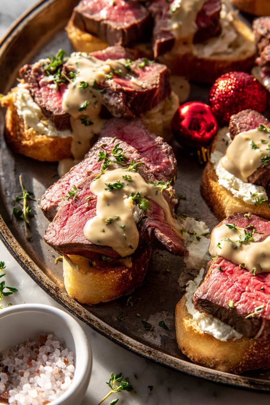 Beef Tenderloin Crostini with Parmesan Wine Sauce Recipe - Serving