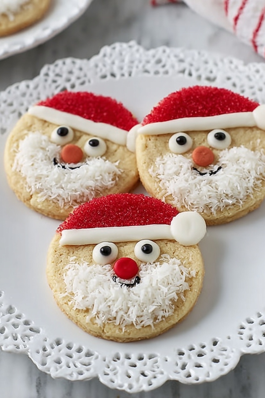 A round cookie with a light brown color forms the base. At the top, a red layer made of small sugar sprinkles creates a Santa hat shape, topped with a small white dollop on the right side as the hat's tip. Two white circular candy eyes with black dots sit near the top center. A small red candy circle is placed below the eyes acting as a nose. The bottom part of the cookie is covered with white shredded coconut, shaped to look like a fluffy beard. Part of a small white bowl with white marshmallows is visible in the top left corner, all placed on a white marbled surface photo taken with an iphone --ar 2:3 --v 7 - Santa Cookie Decorations, holiday cookie decorating ideas, Christmas sugar cookies, festive Santa cookies, easy holiday cookie crafts