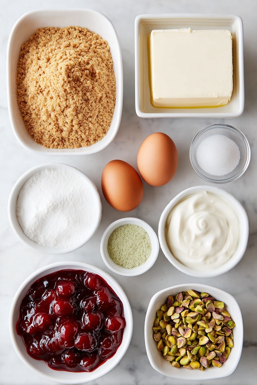 Flat lay of a small white ceramic bowl of golden graham cracker crumbs, a small white bowl of finely ground green pistachios, a small white bowl of white granulated sugar, a small white bowl of melted butter with a glossy surface, a block of creamy white cream cheese with smooth edges, two whole uncracked brown eggs, a small white bowl of thick sour cream, a small white bowl containing pale green pistachio pudding powder, a small white bowl of clear vanilla extract, a small white ceramic bowl filled with bright red cherry pie filling studded with whole cherries, and a small white bowl of shelled green pistachio nuts—all arranged symmetrically on a clean white marble surface, soft natural light, photo taken with an iPhone, professional food photography style, fresh ingredients, white ceramic bowls, no bottles, no duplicates, no utensils, no packaging --ar 2:3 --v 7 --p m7354615311229779997 - Cherry Pistachio Cheesecake, cherry pistachio dessert, easy cherry cheesecake, no-bake pistachio cheesecake, fruity nutty cheesecake