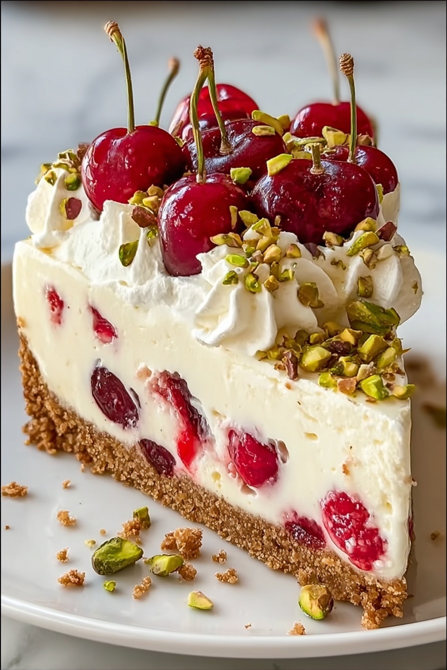 A close-up view of a slice of cheesecake showing four visible layers: a crumbly, golden brown biscuit base at the bottom; a thick, creamy white layer filled with whole green pistachios and bright red cherries embedded inside; a thin layer of red cherry jelly atop the cream; and a fluffy white whipped cream topping decorated with whole shiny red cherries, green pistachios, and small golden brown biscuit crumbs scattered over the top, all served on a white plate with a silver fork beside it, placed on a white marbled surface. photo taken with an iphone --ar 2:3 --v 7 - Cherry Pistachio Cheesecake, cherry pistachio dessert, easy cherry cheesecake, no-bake pistachio cheesecake, fruity nutty cheesecake