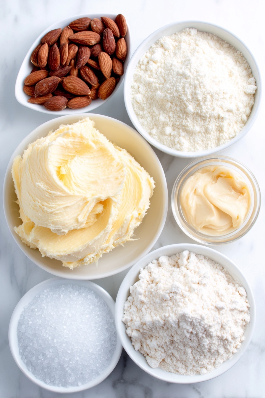 Flat lay of a smooth mound of dairy-free buttery spread, a small heap of fine confectioner's sugar, a neat pile of plain flour, a small white bowl with a light mixture of corn starch and water, a tiny white bowl with golden vanilla bean paste, a few whole almonds alongside a small white bowl of almond milk, and a small white bowl filled with sparkling white sugar crystals, all arranged symmetrically on a simple white ceramic surface, placed on a clean white marble surface, soft natural light, photo taken with an iPhone, professional food photography style, fresh ingredients, white ceramic bowls, no bottles, no duplicates, no utensils, no packaging --ar 2:3 --v 7 --p m7354615311229779997 - Vegan Danish Butter Cookies, dairy-free Danish cookies, vegan cookie recipes, plant-based butter cookies, homemade vegan Danish biscuits