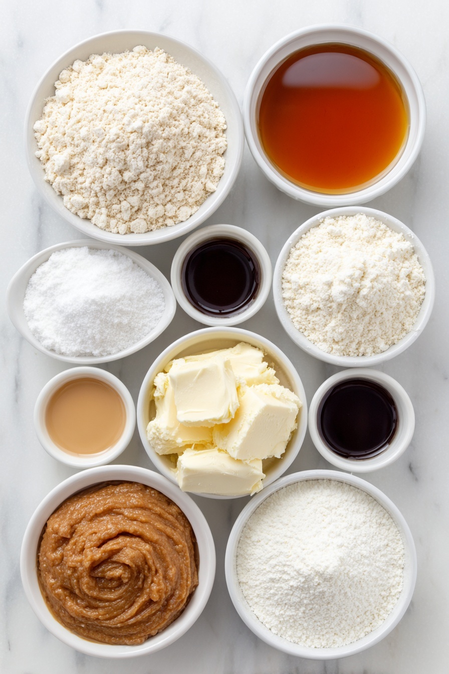 Flat lay of a small mound of superfine oat flour, a small mound of white rice flour, a small mound of superfine almond flour, a small pile of white tapioca starch, a small heap of fine salt, a small heap of baking powder, a small white ceramic bowl filled with amber pure maple syrup, a small white ceramic bowl of raw cashew butter showing its creamy texture, a small white ceramic bowl of clear vanilla extract, a small white ceramic bowl of powdered sugar, a small white ceramic bowl of lite coconut milk, all arranged in perfect symmetry on a clean white marble surface, soft natural light, photo taken with an iPhone, professional food photography style, fresh ingredients, white ceramic bowls, no bottles, no duplicates, no utensils, no packaging --ar 2:3 --v 7 --p m7354615311229779997 - Vegan Gluten-Free Sugar Cookies, allergy-friendly holiday cookies, dairy-free sugar cookies, vegan gluten-free baking, healthy sugar cookie recipe
