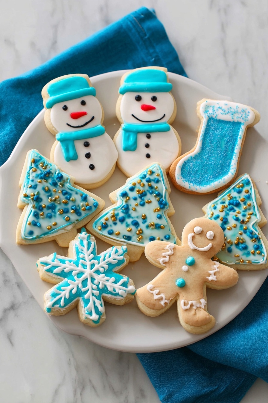 The image shows several frosted sugar cookies shaped like a snowman, a Christmas tree, a mitten, a gingerbread person, and a star, all on a white marbled surface. The snowman cookie has two layers: a smooth white icing base and blue icing details for a hat and scarf, three black dots for buttons, two black eyes, and a small red smile. The Christmas tree cookie has a white icing base with blue swirly lines and small gold balls for decoration. The mitten cookie has a white icing base with sparkling white sugar on the bottom half and a solid blue top. The gingerbread person has a tan base with blue zigzag and dot details on top. The star cookie has a white icing base with blue icing lines and dots, plus small gold balls at points. Some blue and white sugar sprinkles are scattered around the cookies. Photo taken with an iphone --ar 2:3 --v 7 - Vegan Gluten-Free Sugar Cookies, allergy-friendly holiday cookies, dairy-free sugar cookies, vegan gluten-free baking, healthy sugar cookie recipe